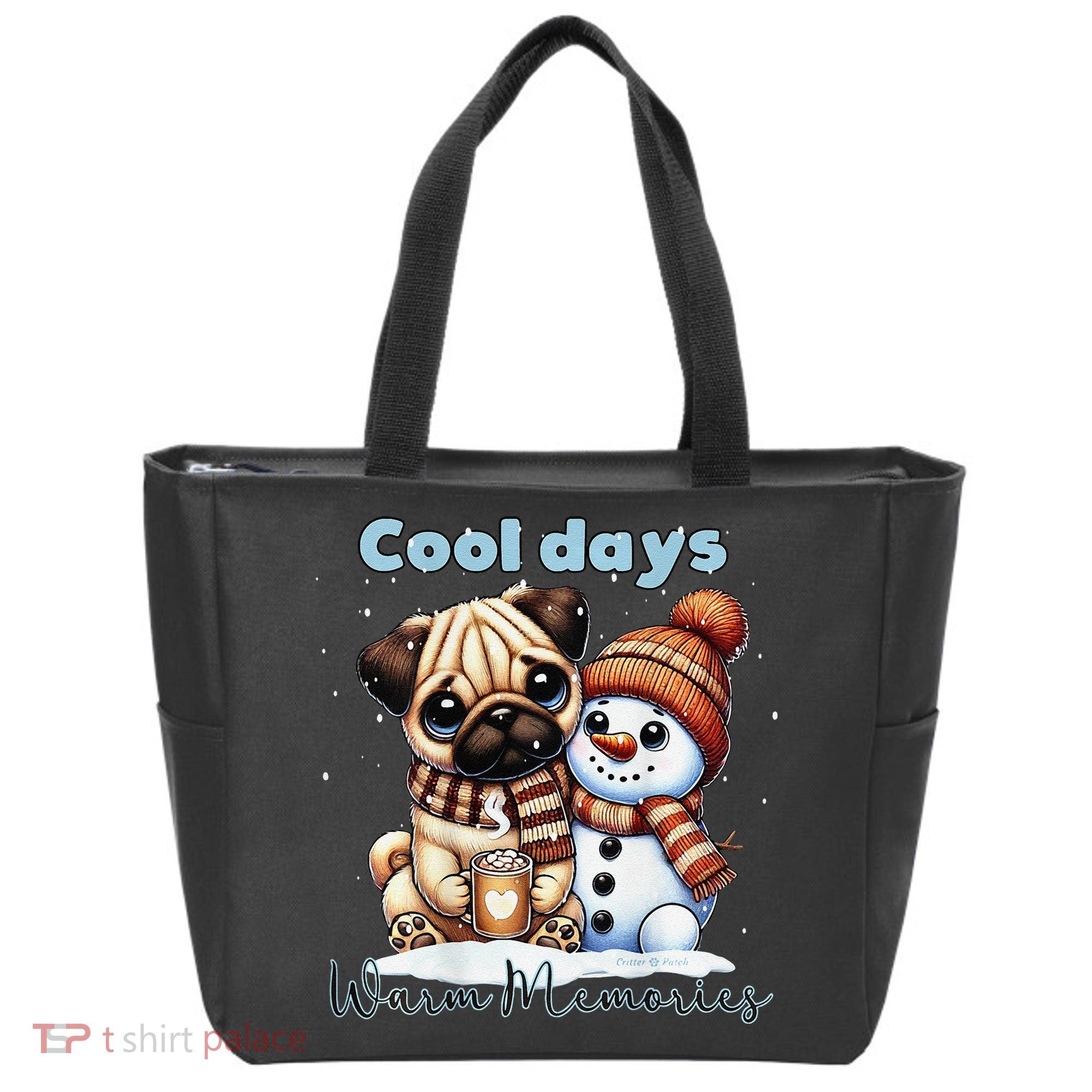 Cool Days Warm Memories Pug And Snowman Friend Share Cocoa Tote Bag