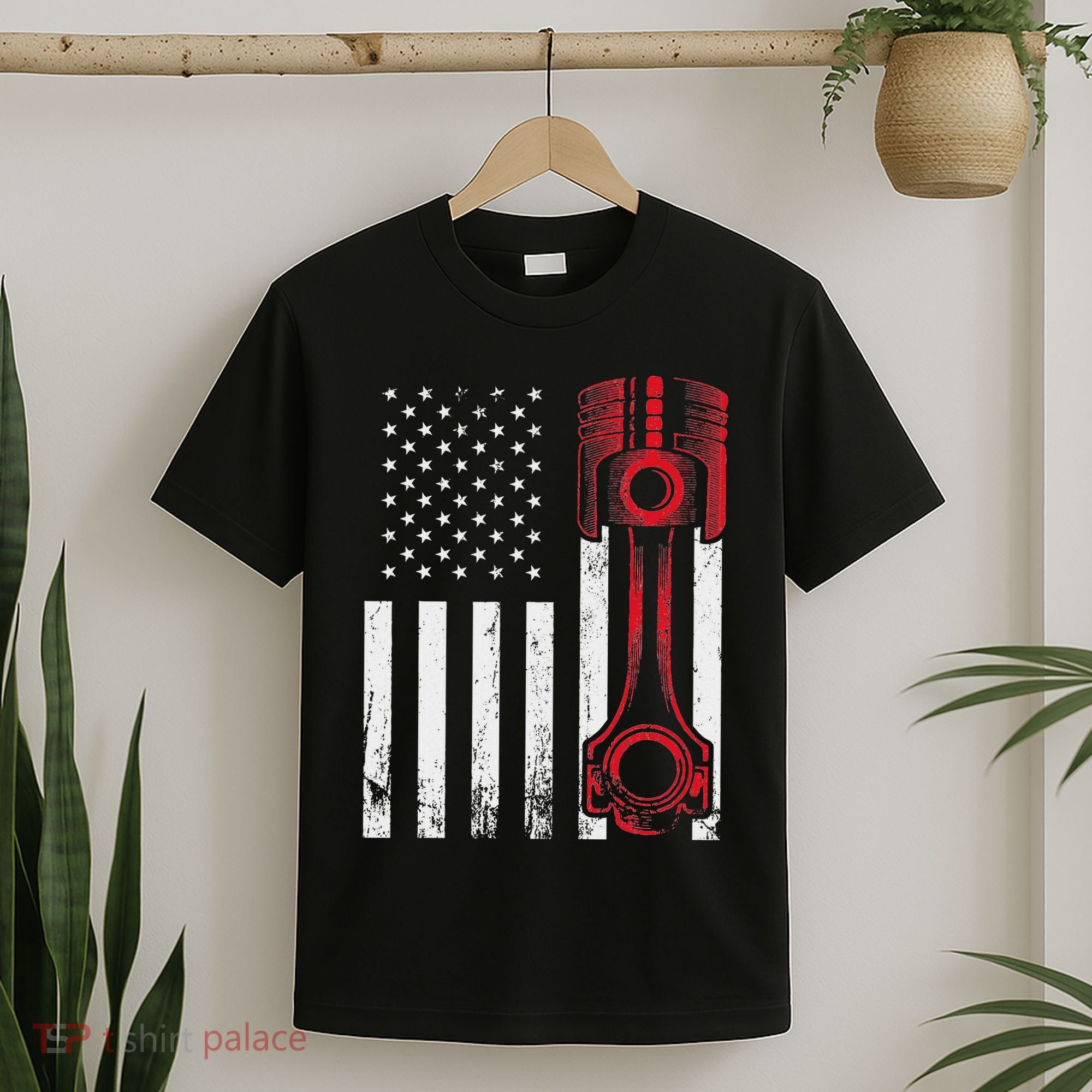 Car Enthusiast American Flag Piston Muscle Car T-Shirt