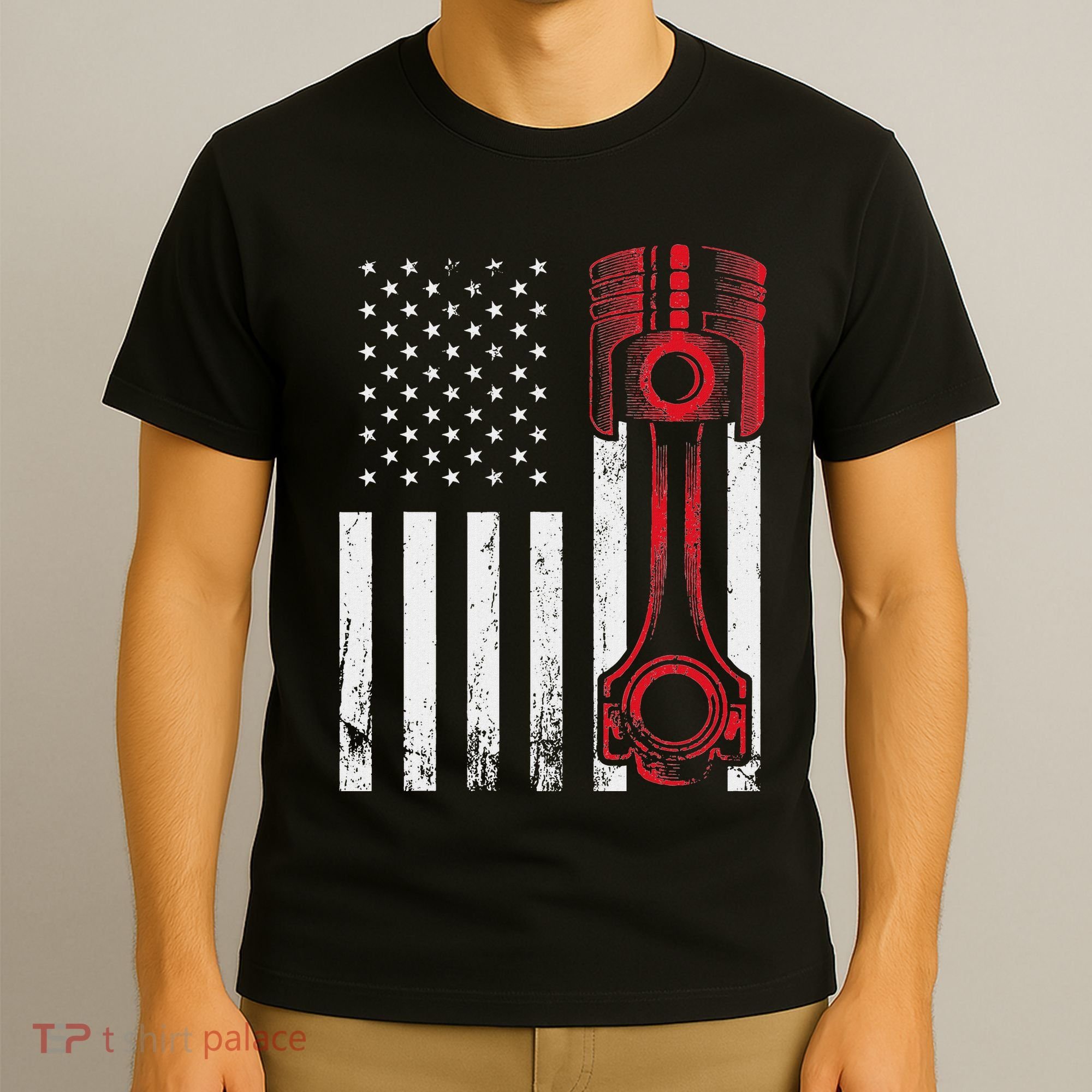 Car Enthusiast American Flag Piston Muscle Car T-Shirt