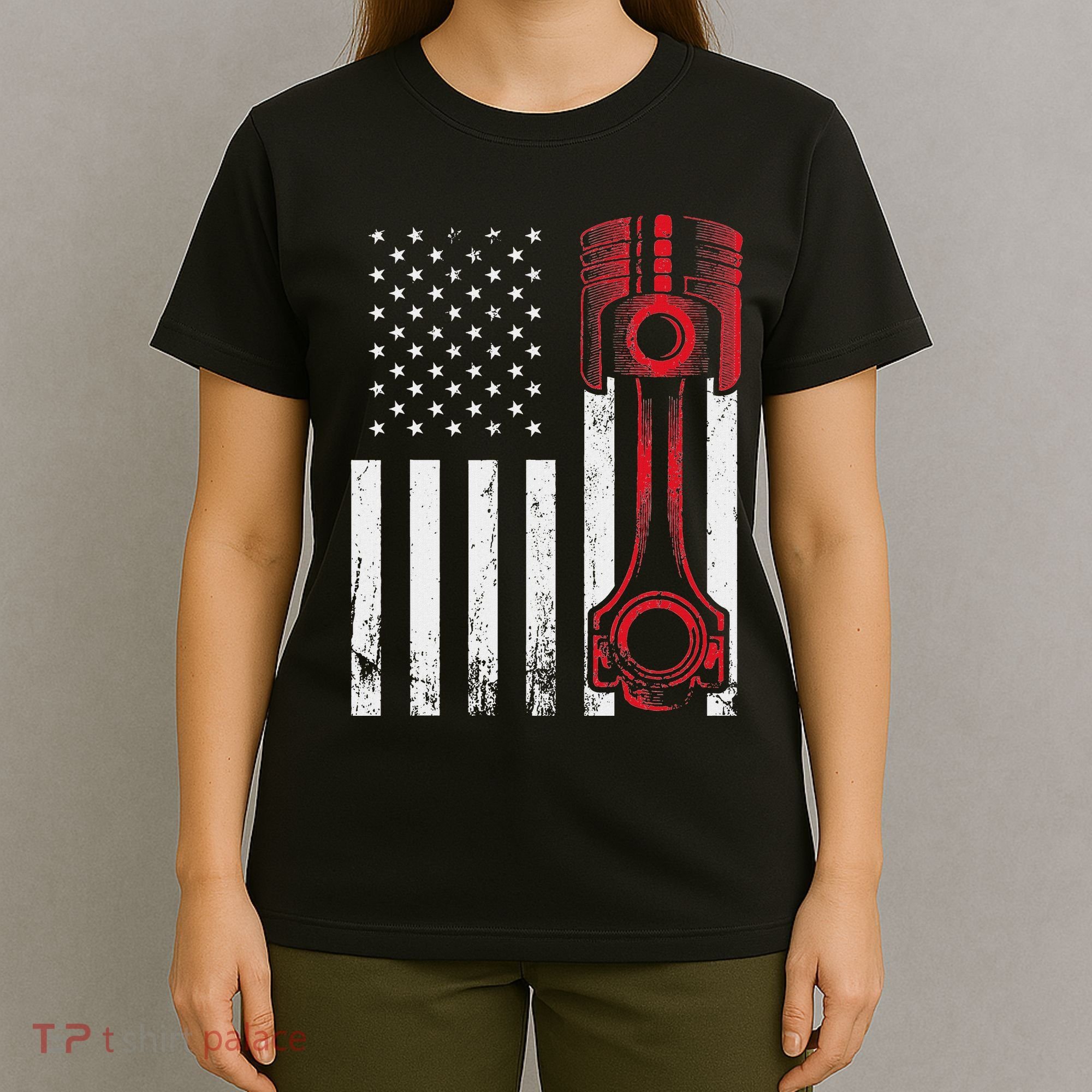 Car Enthusiast American Flag Piston Muscle Car T-Shirt