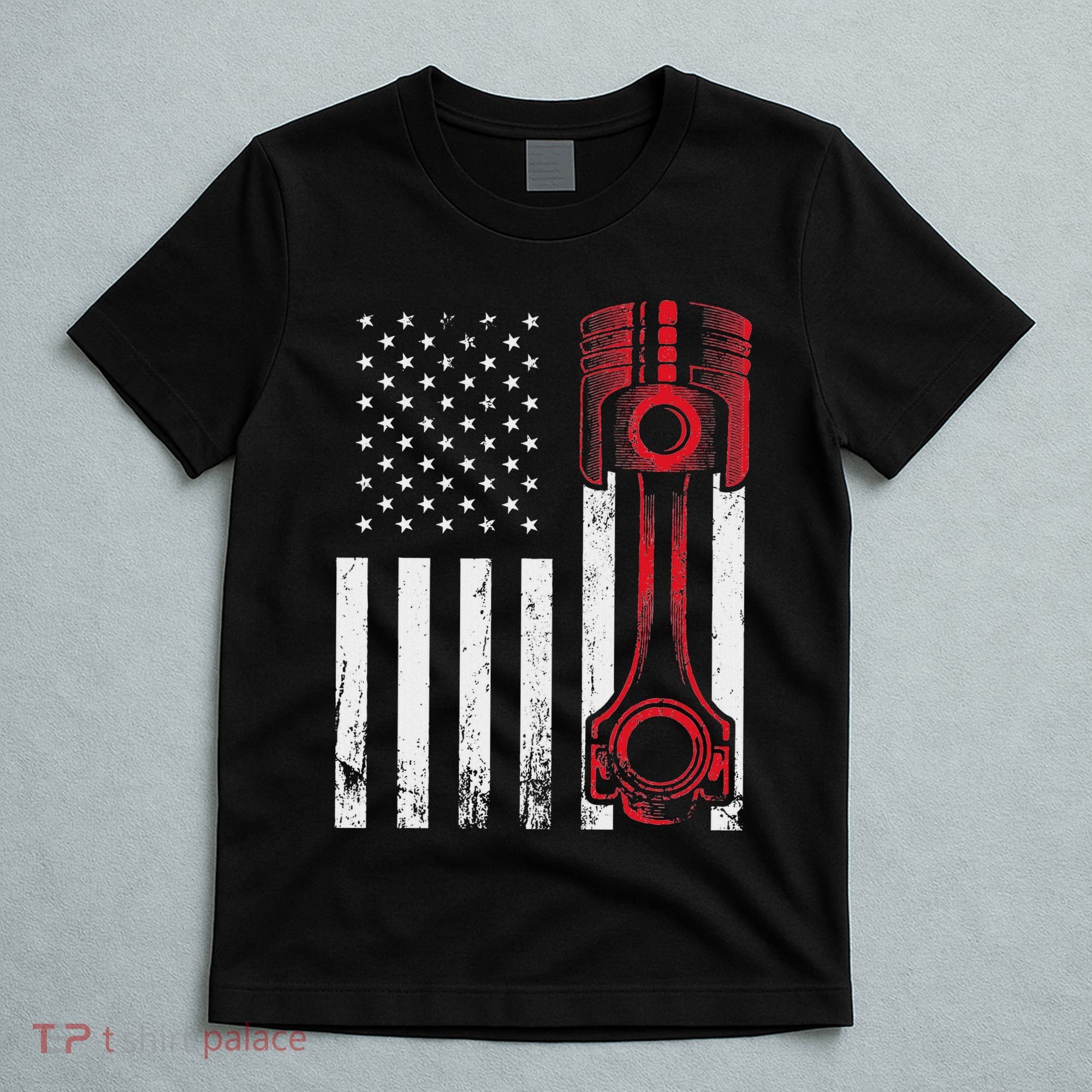 Car Enthusiast American Flag Piston Muscle Car T-Shirt