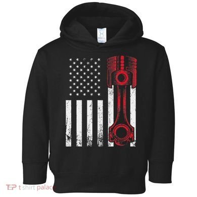 Car Enthusiast American Flag Piston Muscle Car Toddler Hoodie
