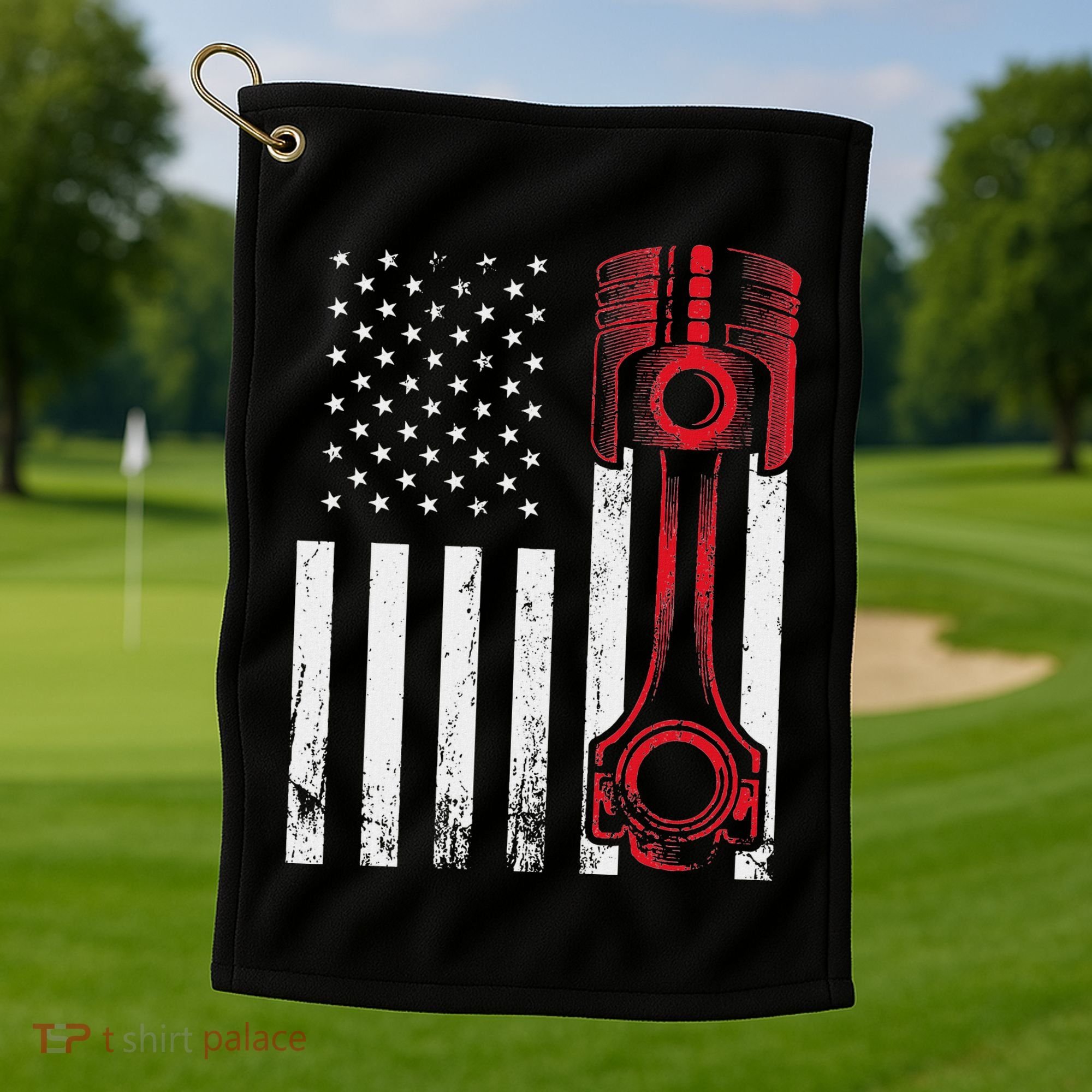 Car Enthusiast American Flag Piston Muscle Car Golf Towel