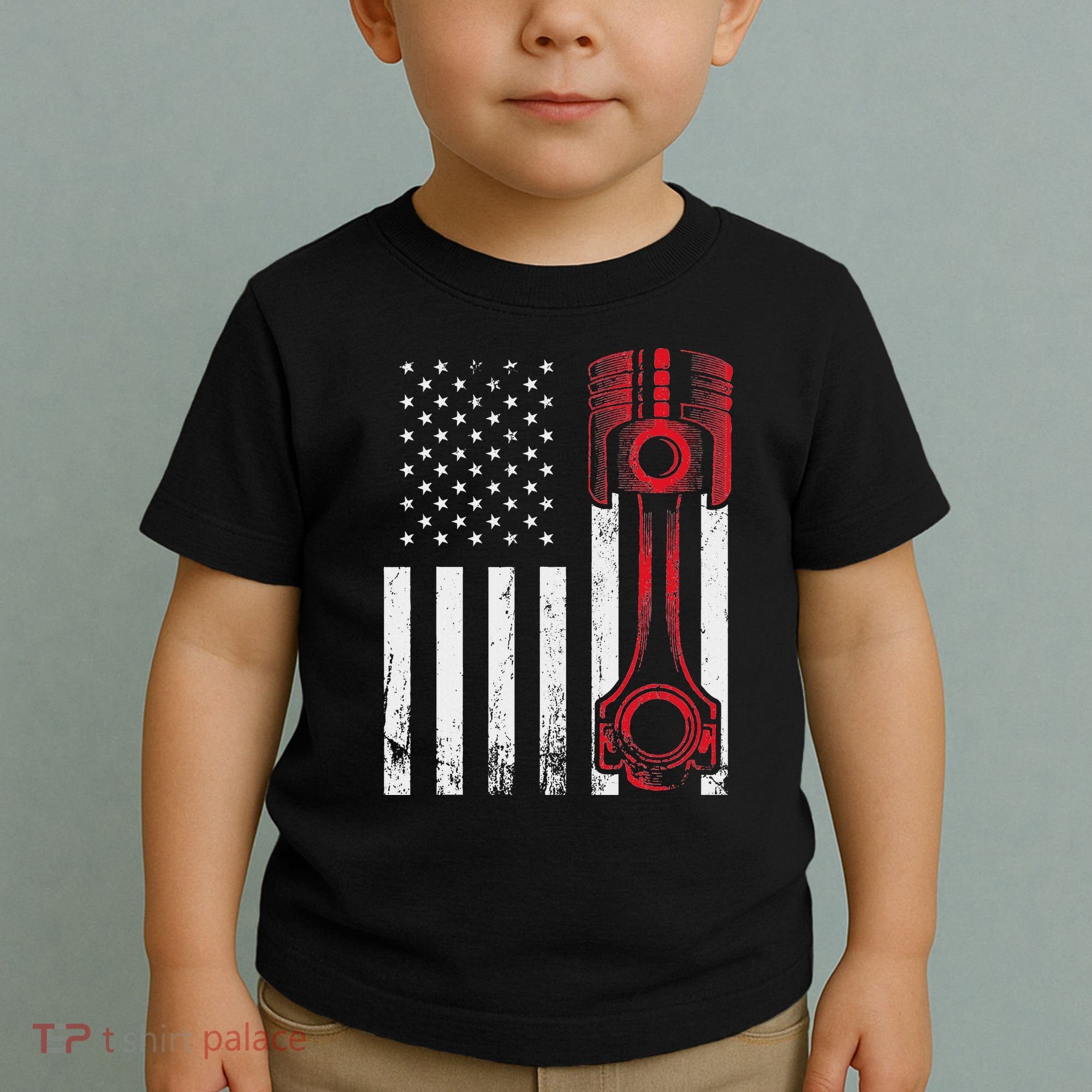 Car Enthusiast American Flag Piston Muscle Car Toddler T-Shirt
