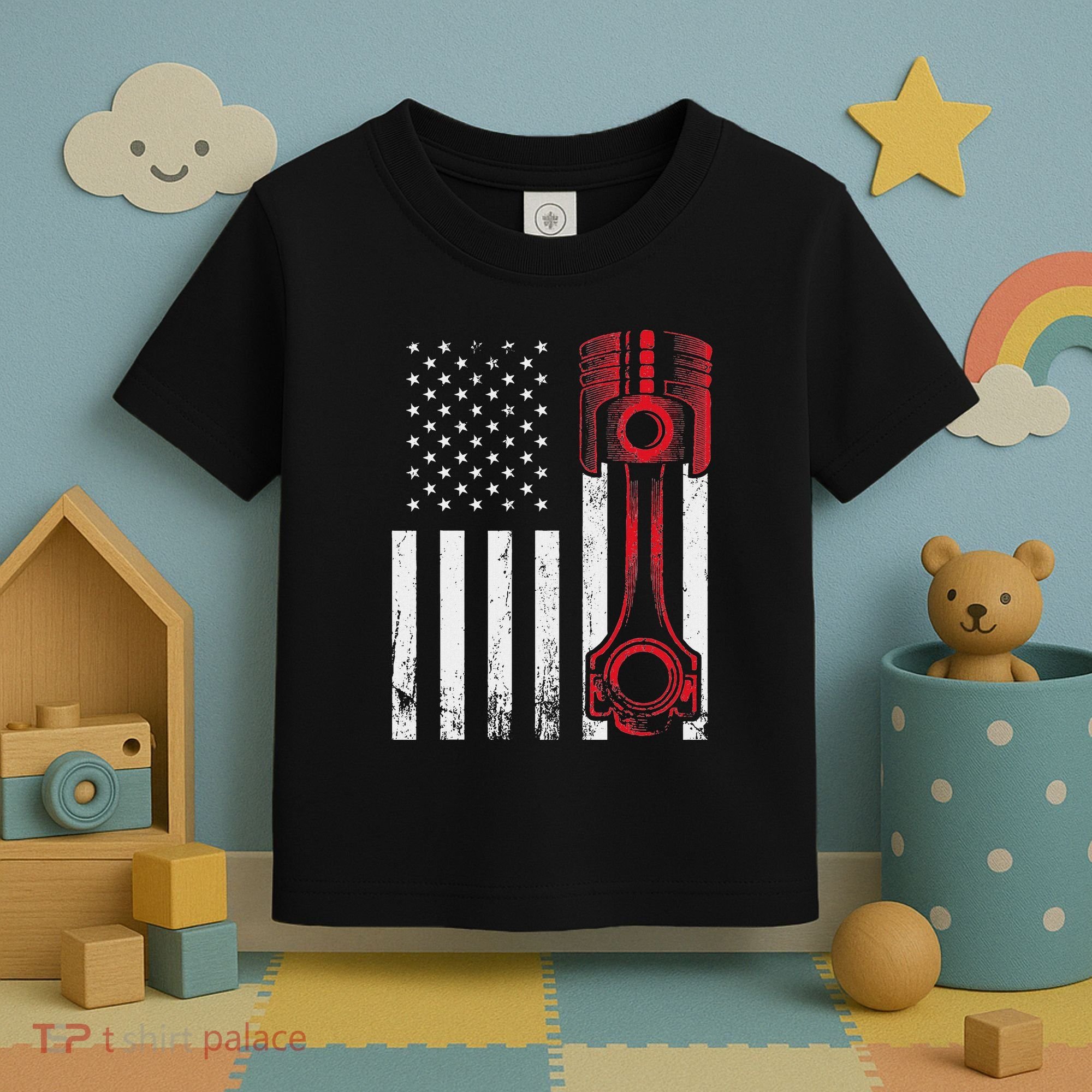 Car Enthusiast American Flag Piston Muscle Car Toddler T-Shirt