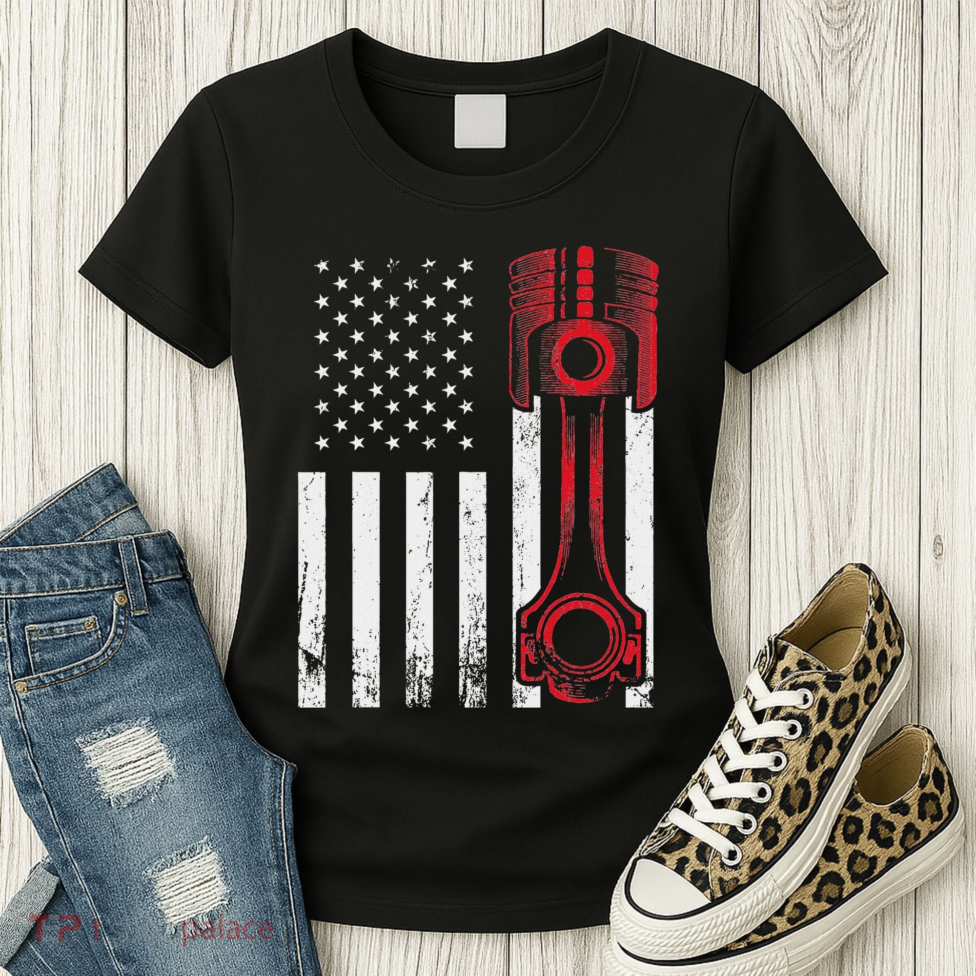 Car Enthusiast American Flag Piston Muscle Car Women's T-Shirt