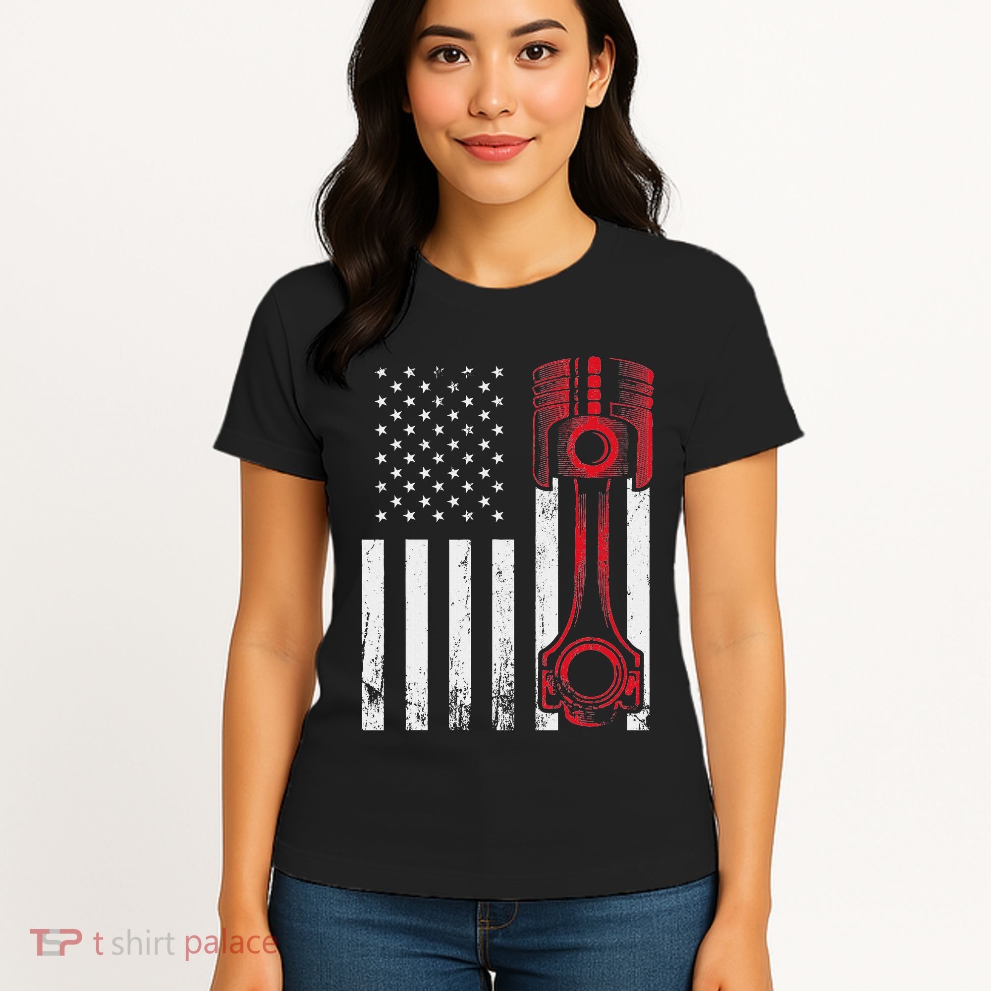 Car Enthusiast American Flag Piston Muscle Car Women's T-Shirt