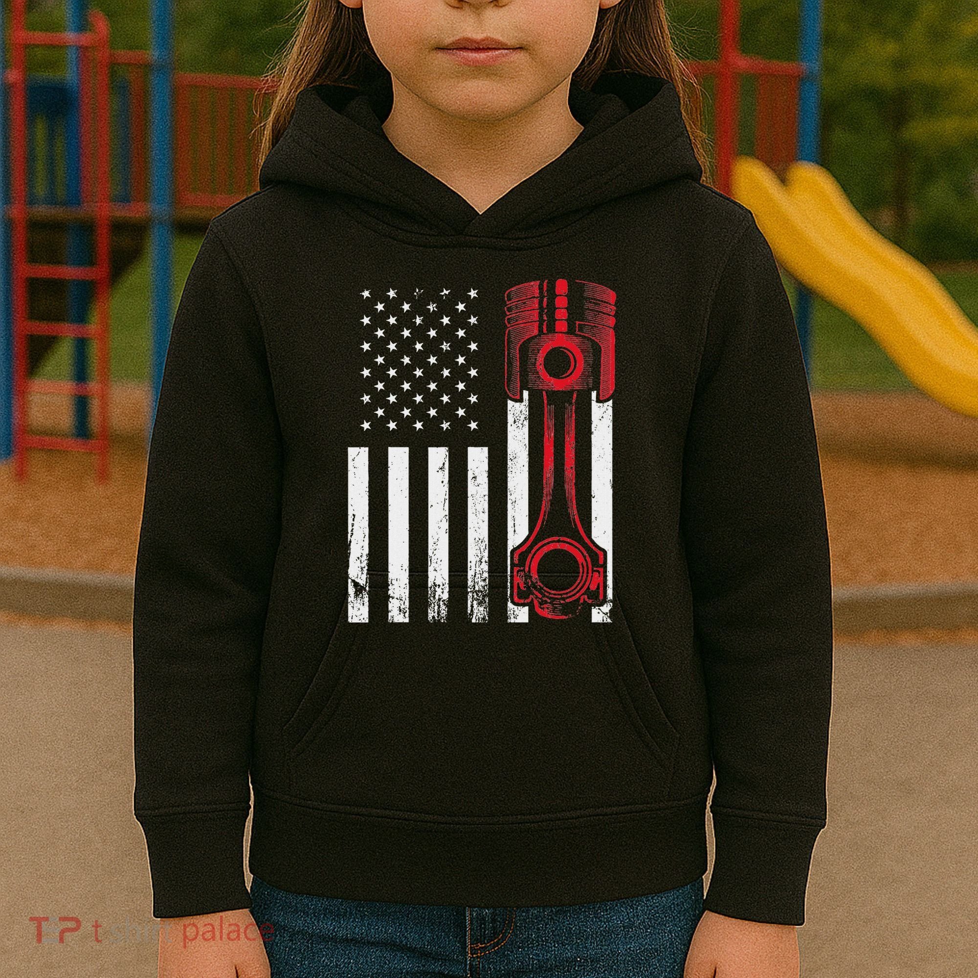 Car Enthusiast American Flag Piston Muscle Car Kids Hoodie