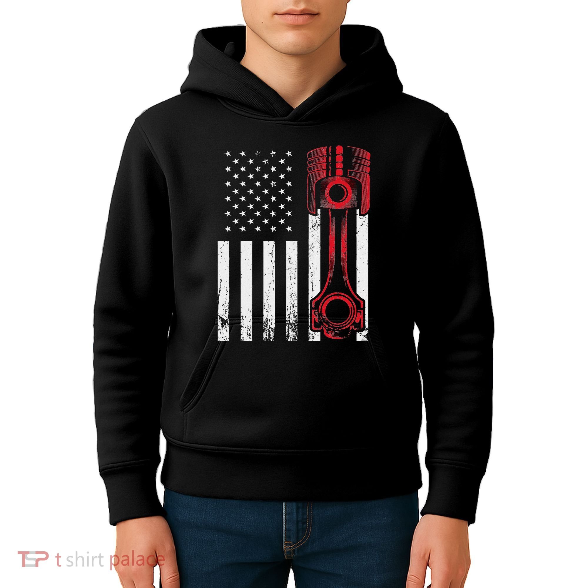 Car Enthusiast American Flag Piston Muscle Car Kids Hoodie