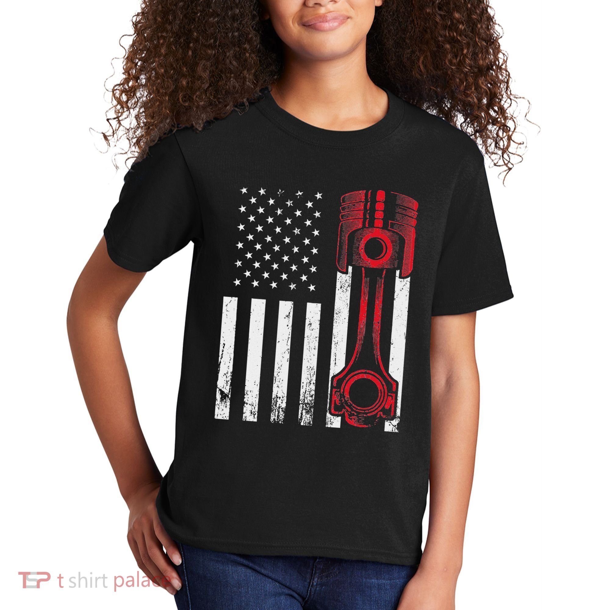 Car Enthusiast American Flag Piston Muscle Car Kids T-Shirt
