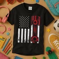 Car Enthusiast American Flag Piston Muscle Car Kids T-Shirt thumb 3