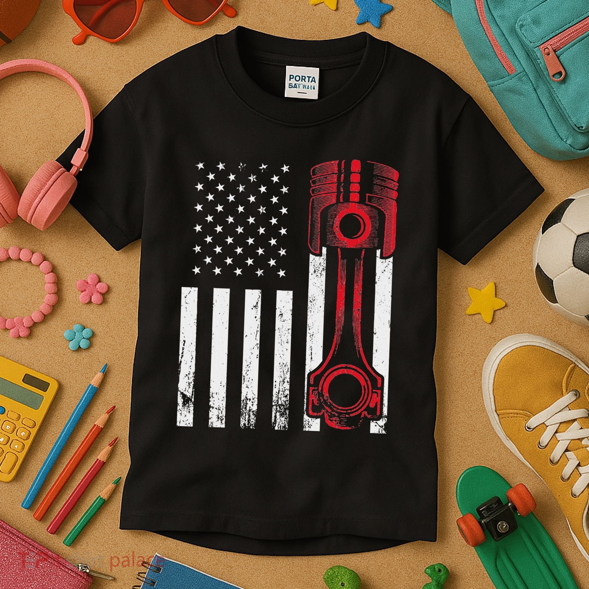 Car Enthusiast American Flag Piston Muscle Car Kids T-Shirt