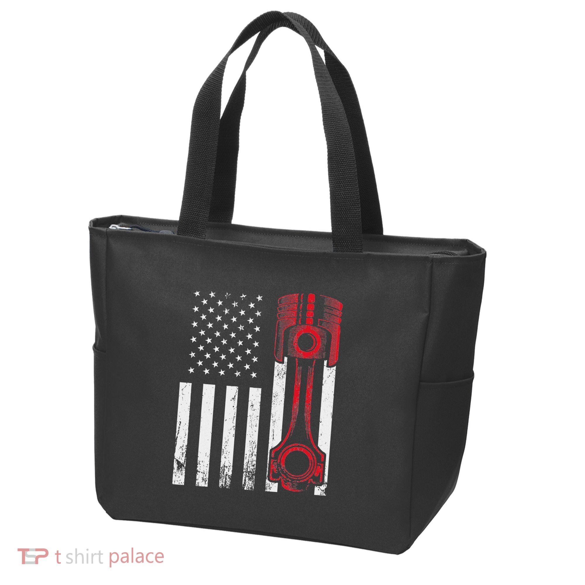 Car Enthusiast American Flag Piston Muscle Car Tote Bag