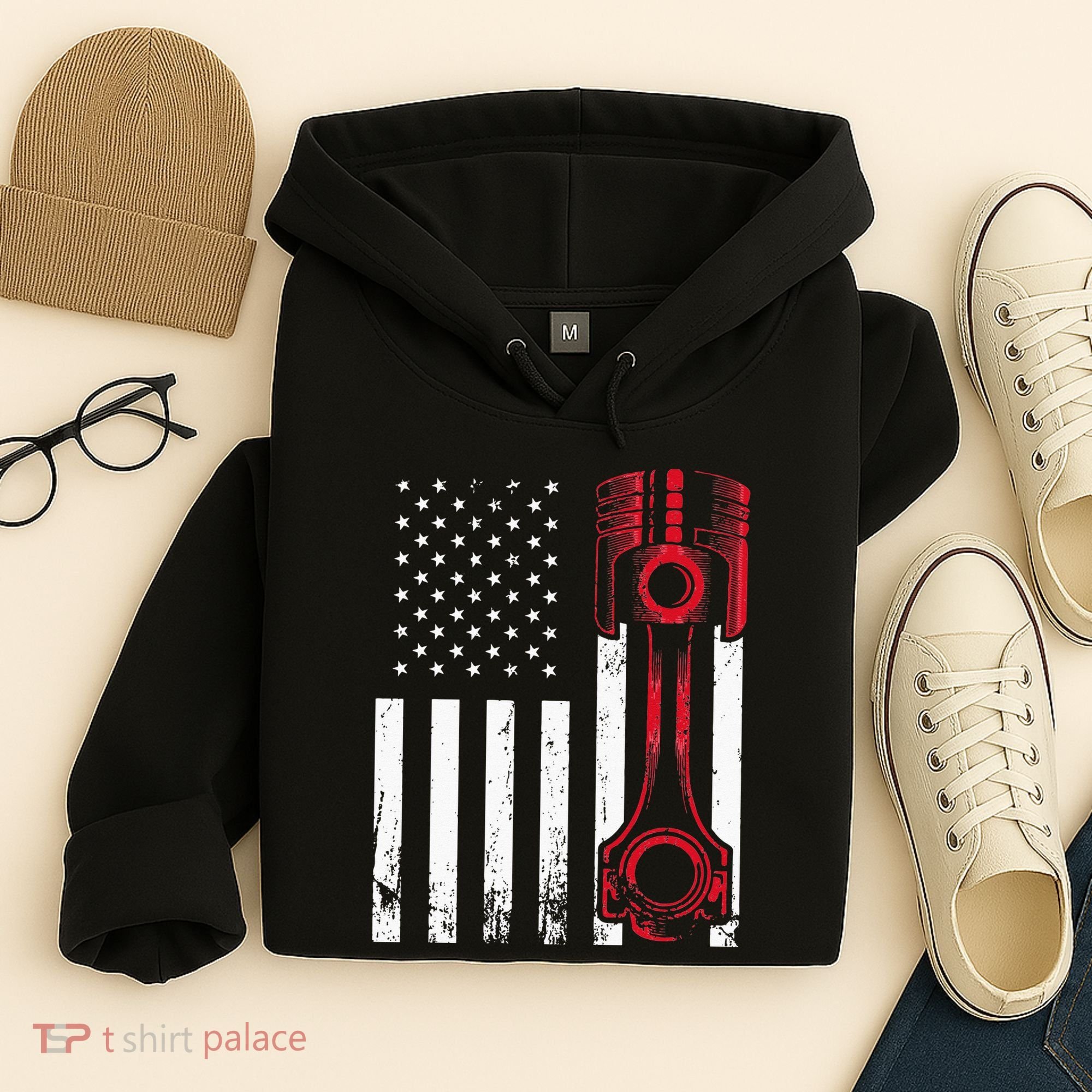 Car Enthusiast American Flag Piston Muscle Car Gift Hoodie