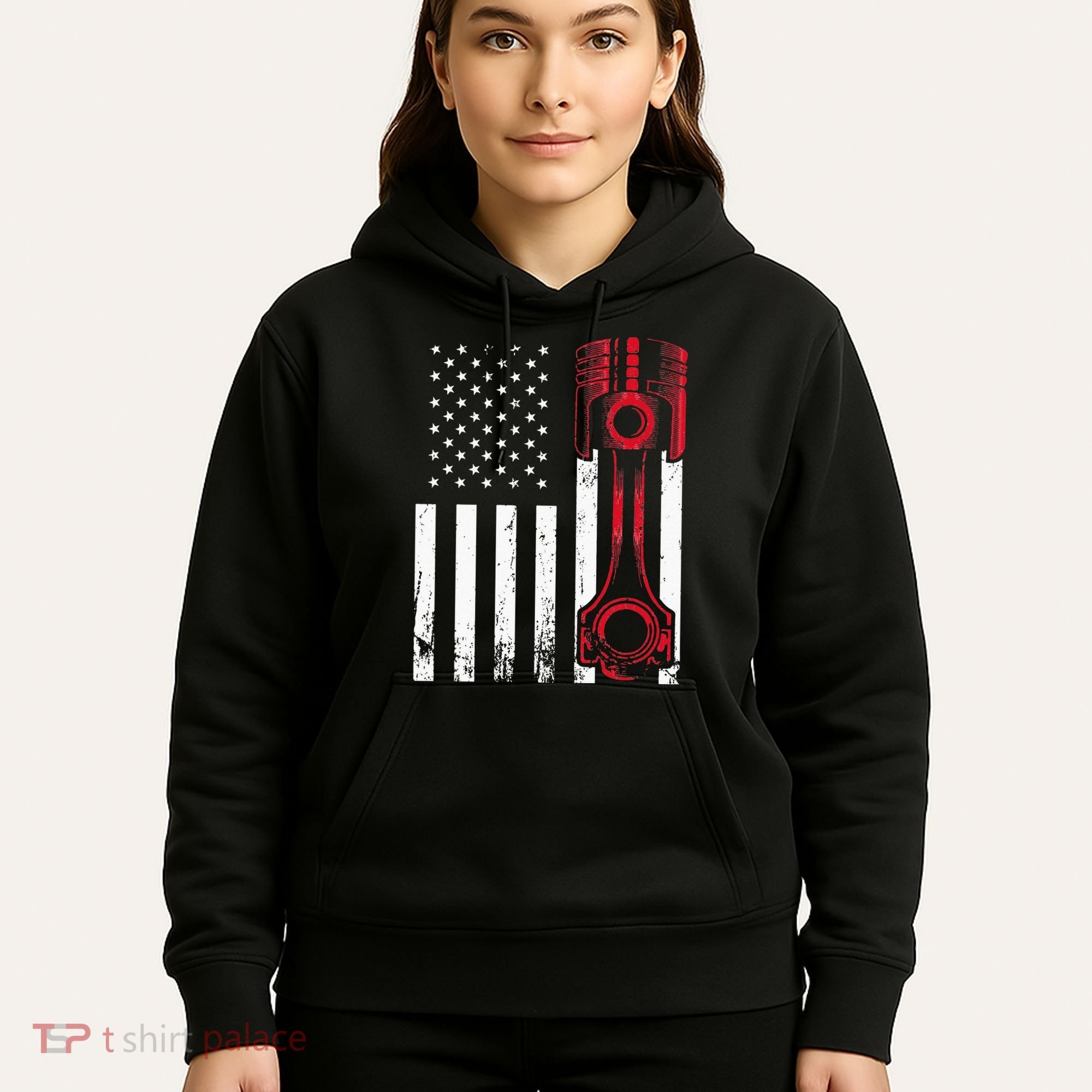 Car Enthusiast American Flag Piston Muscle Car Gift Hoodie