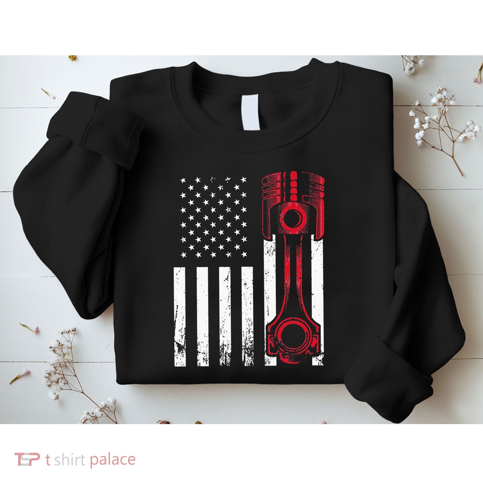 Car Enthusiast American Flag Piston Muscle Car Gift Sweatshirt