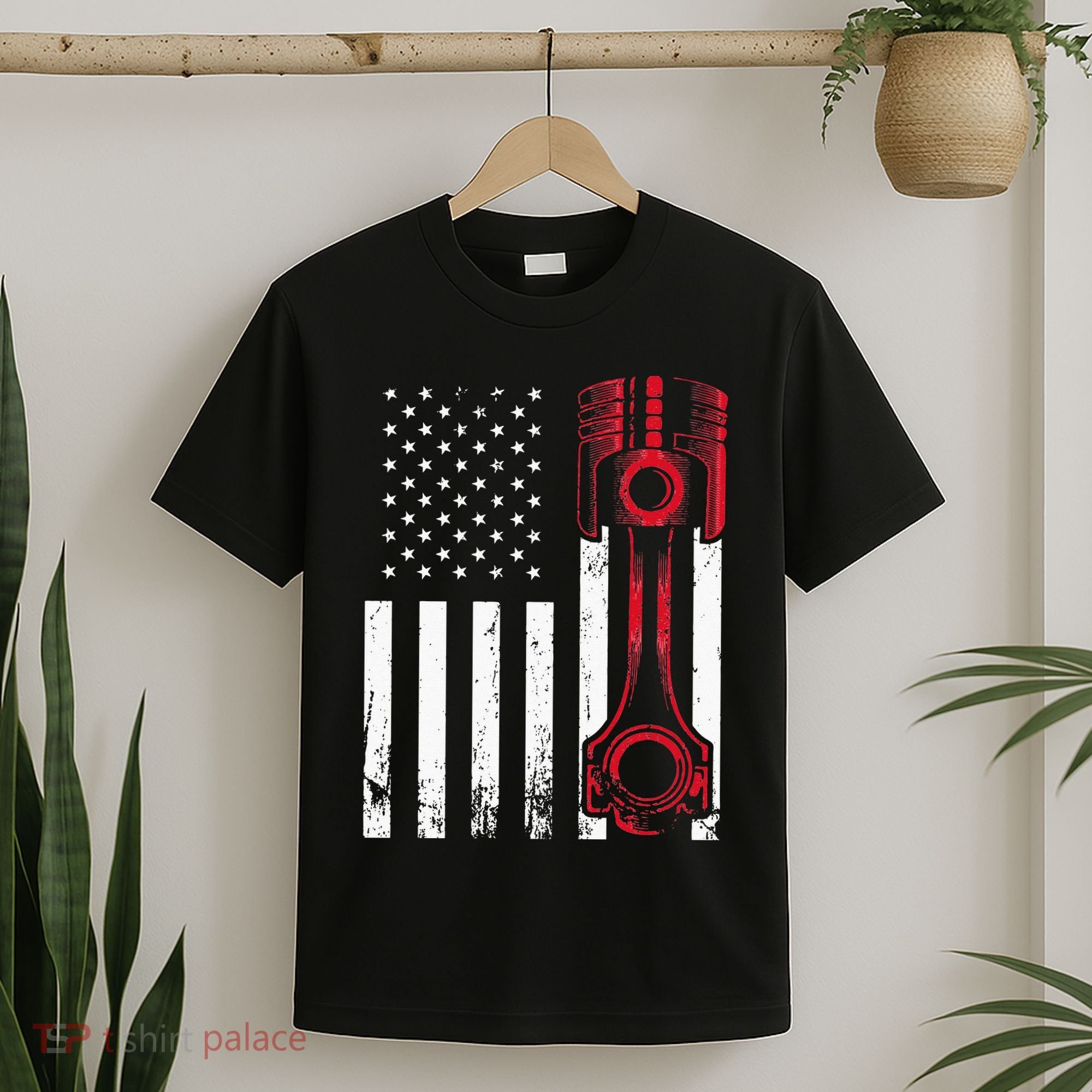 Car Enthusiast American Flag Piston Muscle Car Gift T-Shirt