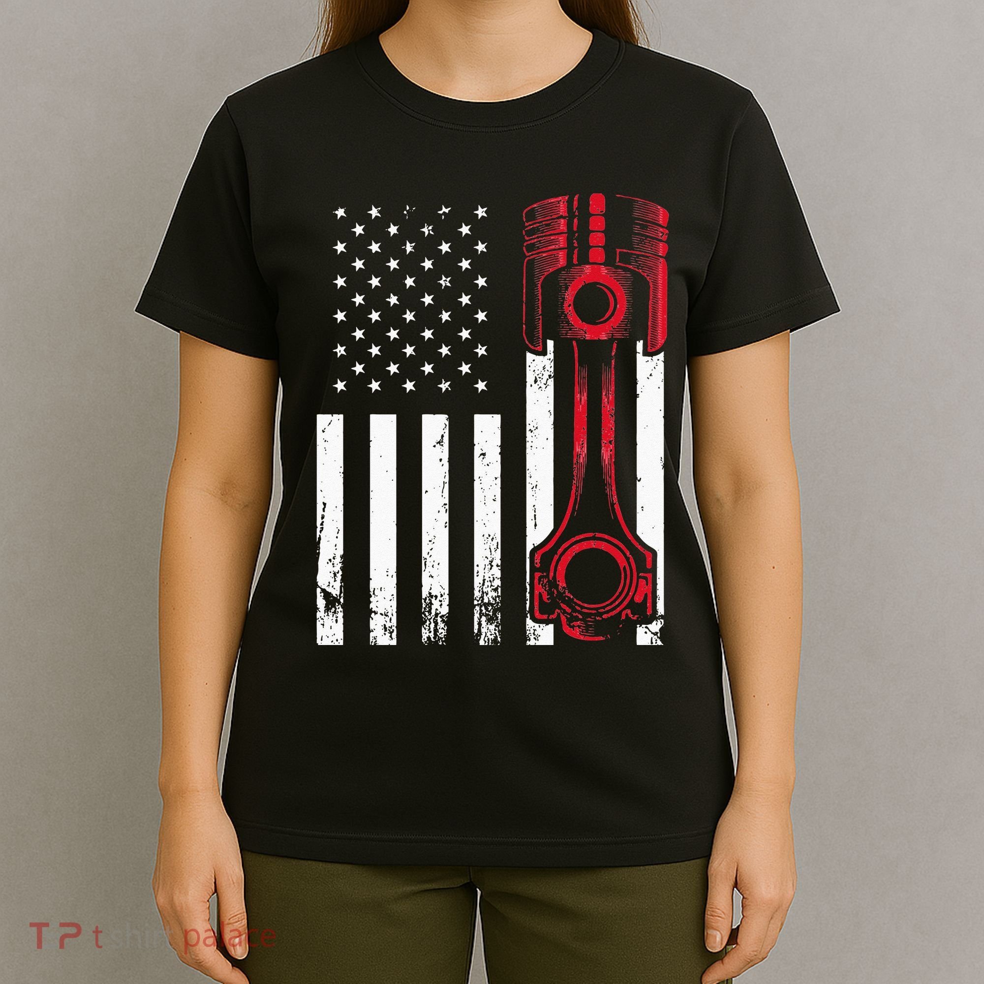 Car Enthusiast American Flag Piston Muscle Car Gift T-Shirt