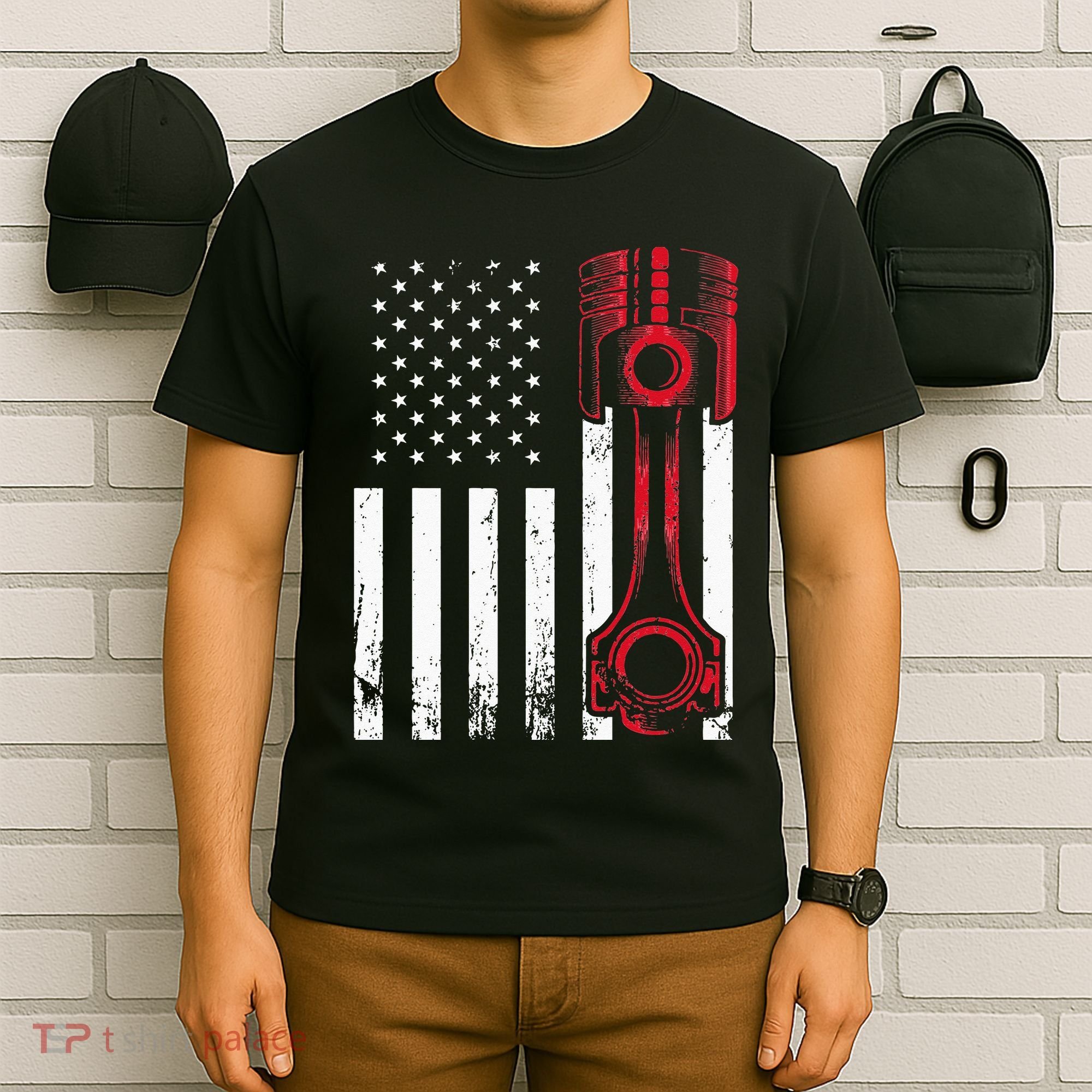 Car Enthusiast American Flag Piston Muscle Car Gift T-Shirt