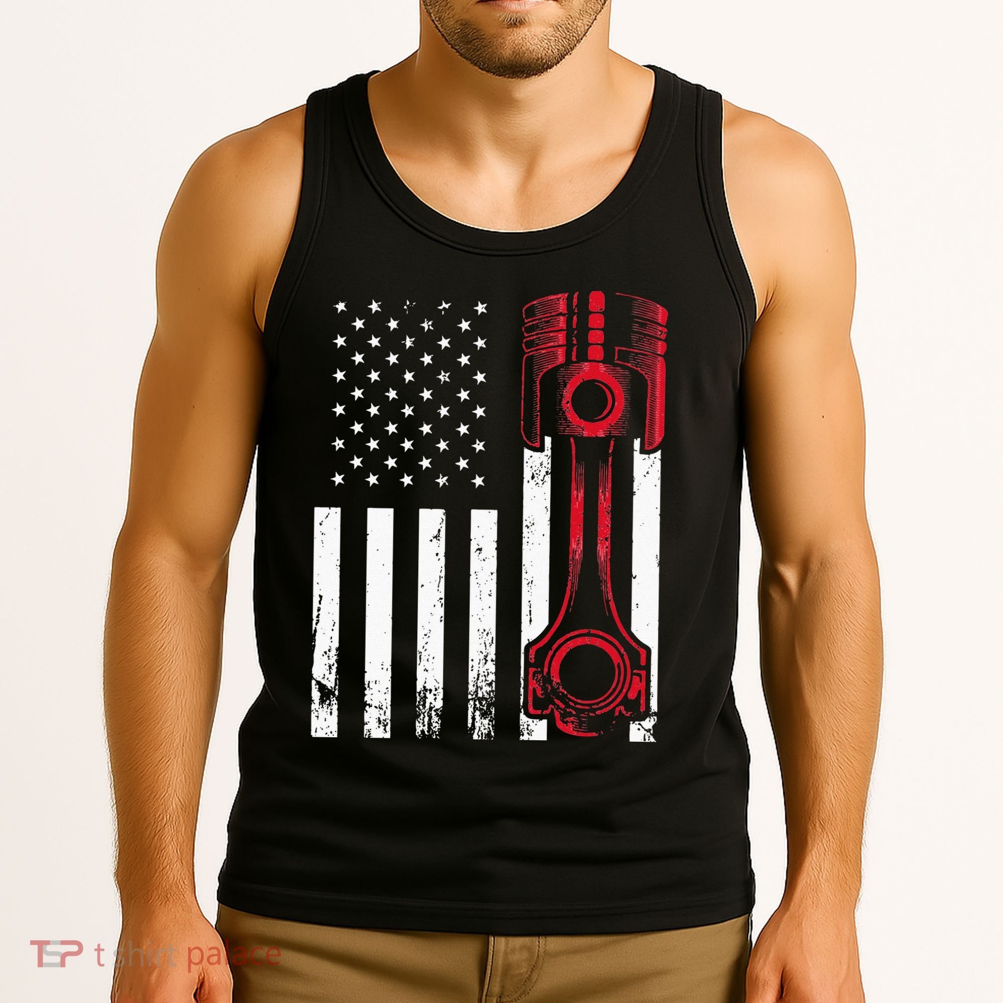 Car Enthusiast American Flag Piston Muscle Car Gift Tank Top
