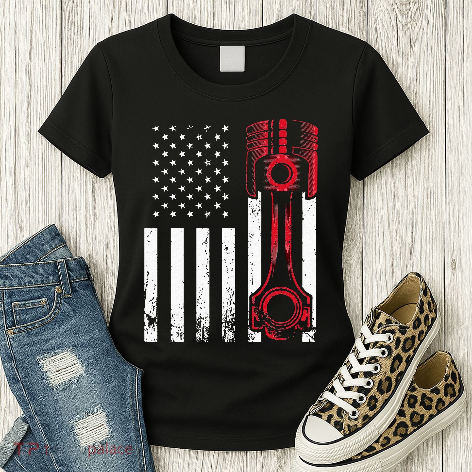 Car Enthusiast American Flag Piston Muscle Car Gift Women's T-Shirt