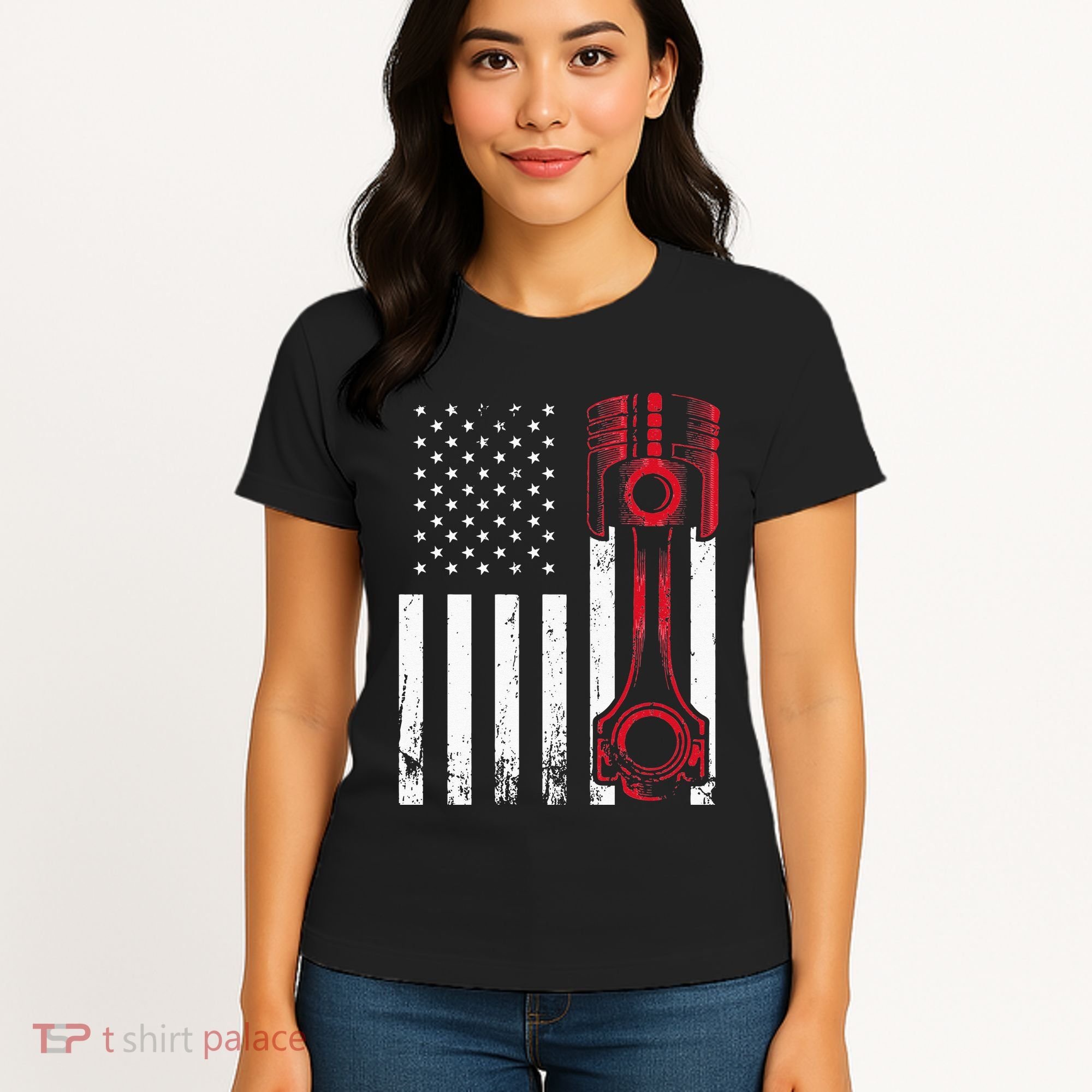 Car Enthusiast American Flag Piston Muscle Car Gift Women's T-Shirt