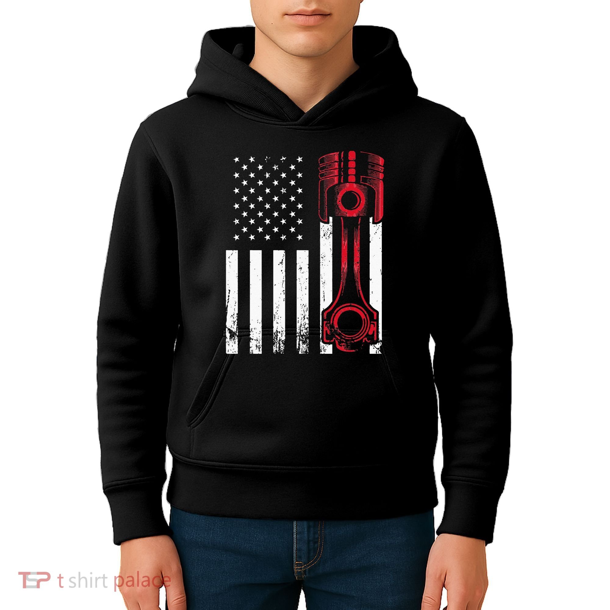 Car Enthusiast American Flag Piston Muscle Car Gift Kids Hoodie