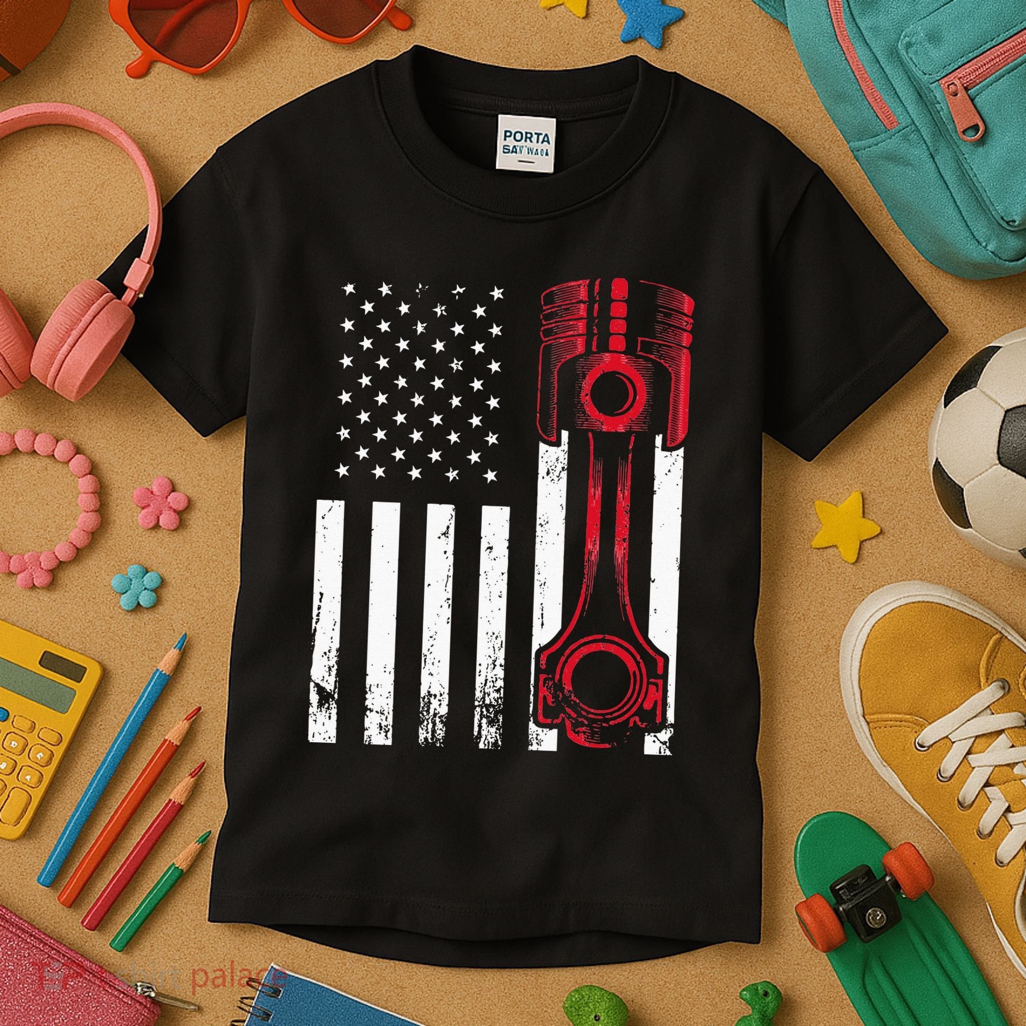 Car Enthusiast American Flag Piston Muscle Car Gift Kids T-Shirt