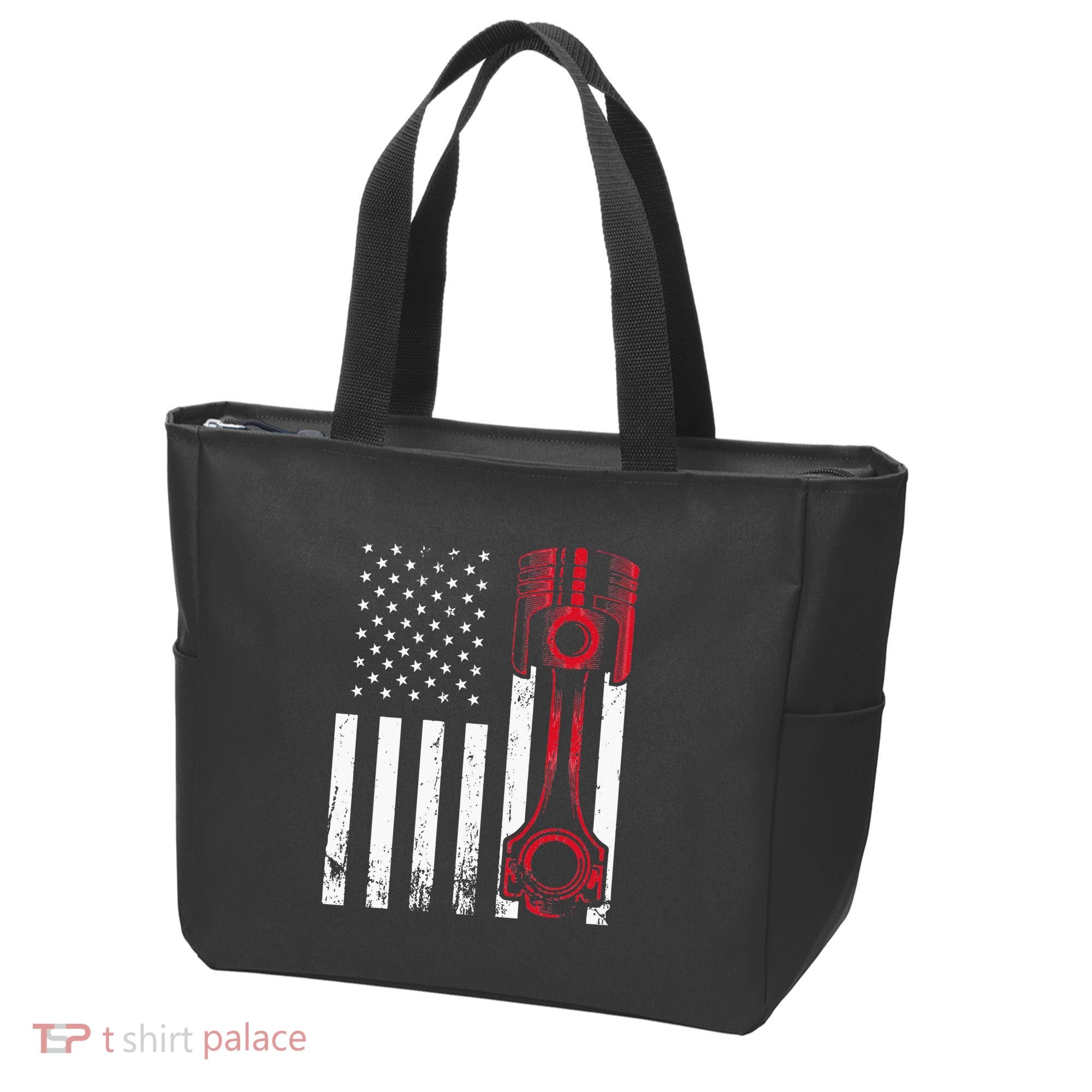 Car Enthusiast American Flag Piston Muscle Car Gift Tote Bag