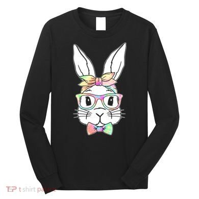 Cute Easter Bunny Pastel Tie Dye Bow Tie Glasses Long Sleeve Shirt