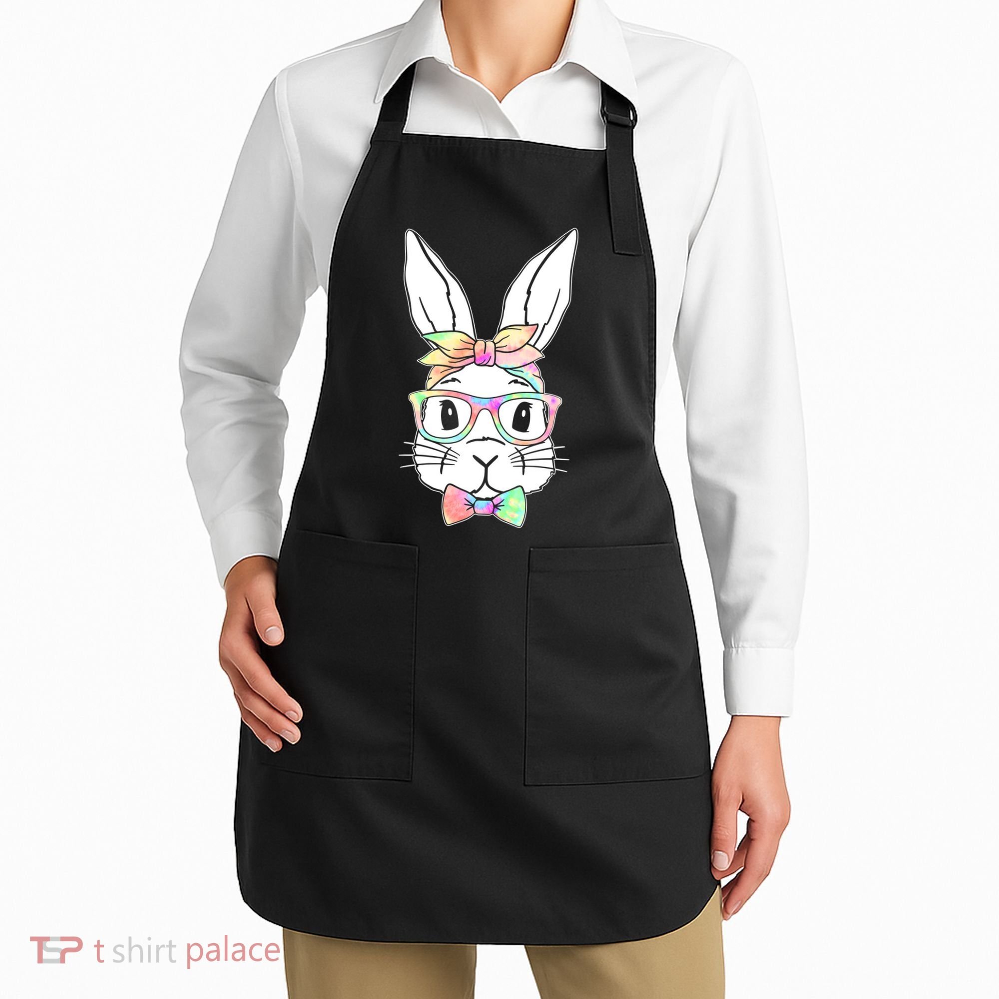 Cute Easter Bunny Pastel Tie Dye Bow Tie Glasses Apron