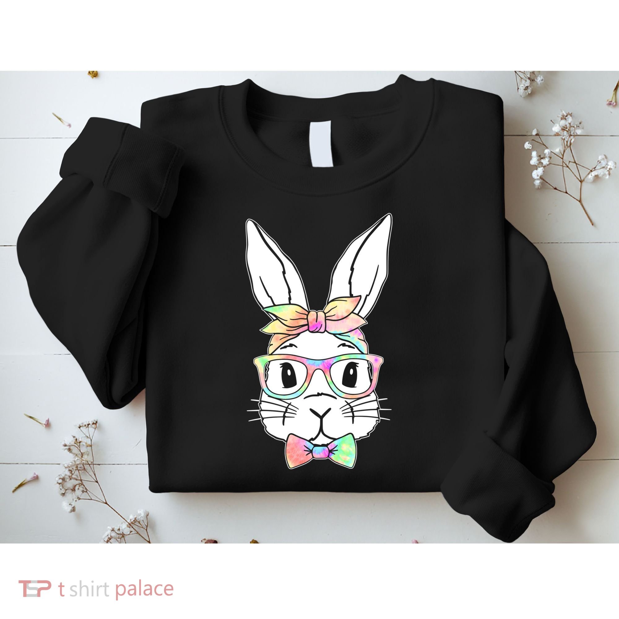 Cute Easter Bunny Pastel Tie Dye Bow Tie Glasses Sweatshirt