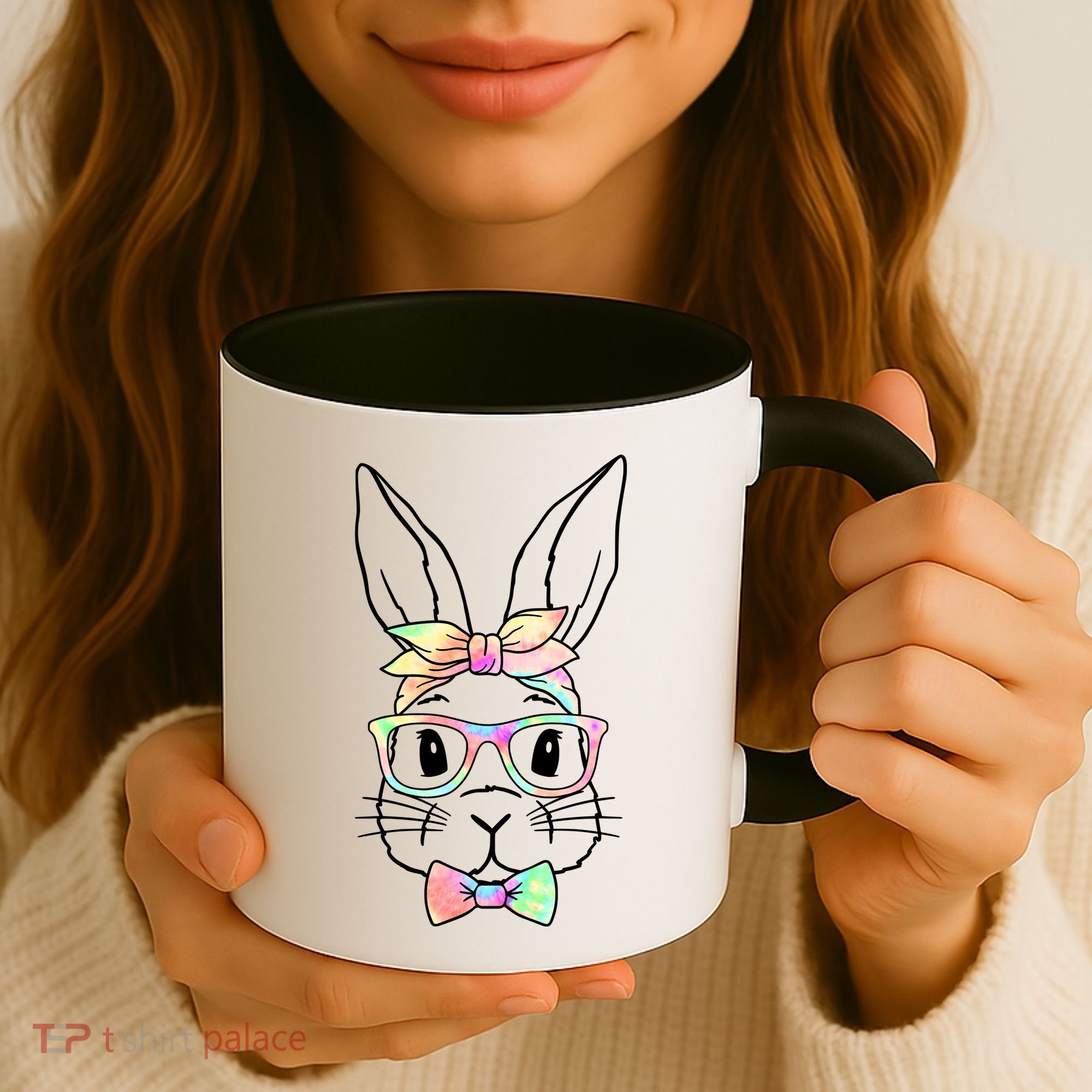 Cute Easter Bunny Pastel Tie Dye Bow Tie Glasses Coffee Mug