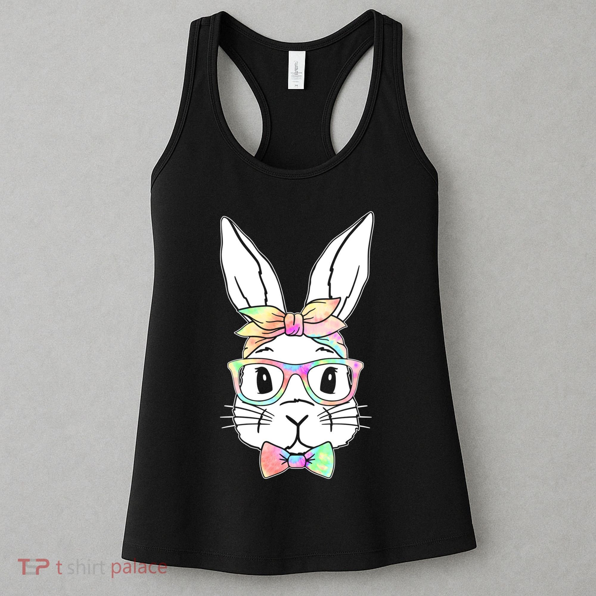 Cute Easter Bunny Pastel Tie Dye Bow Tie Glasses Women's Tank Top