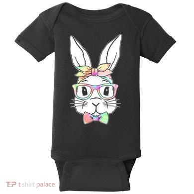 Cute Easter Bunny Pastel Tie Dye Bow Tie Glasses Baby Bodysuit