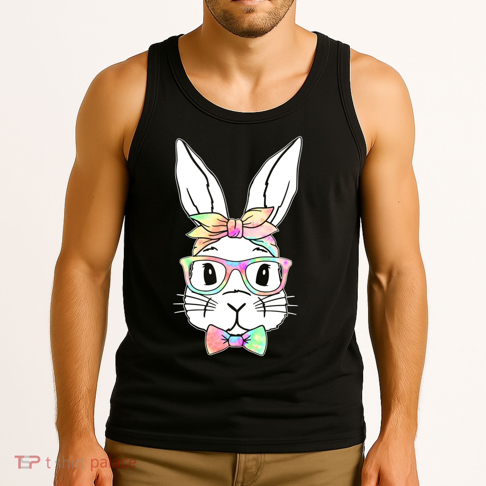 Cute Easter Bunny Pastel Tie Dye Bow Tie Glasses Tank Top