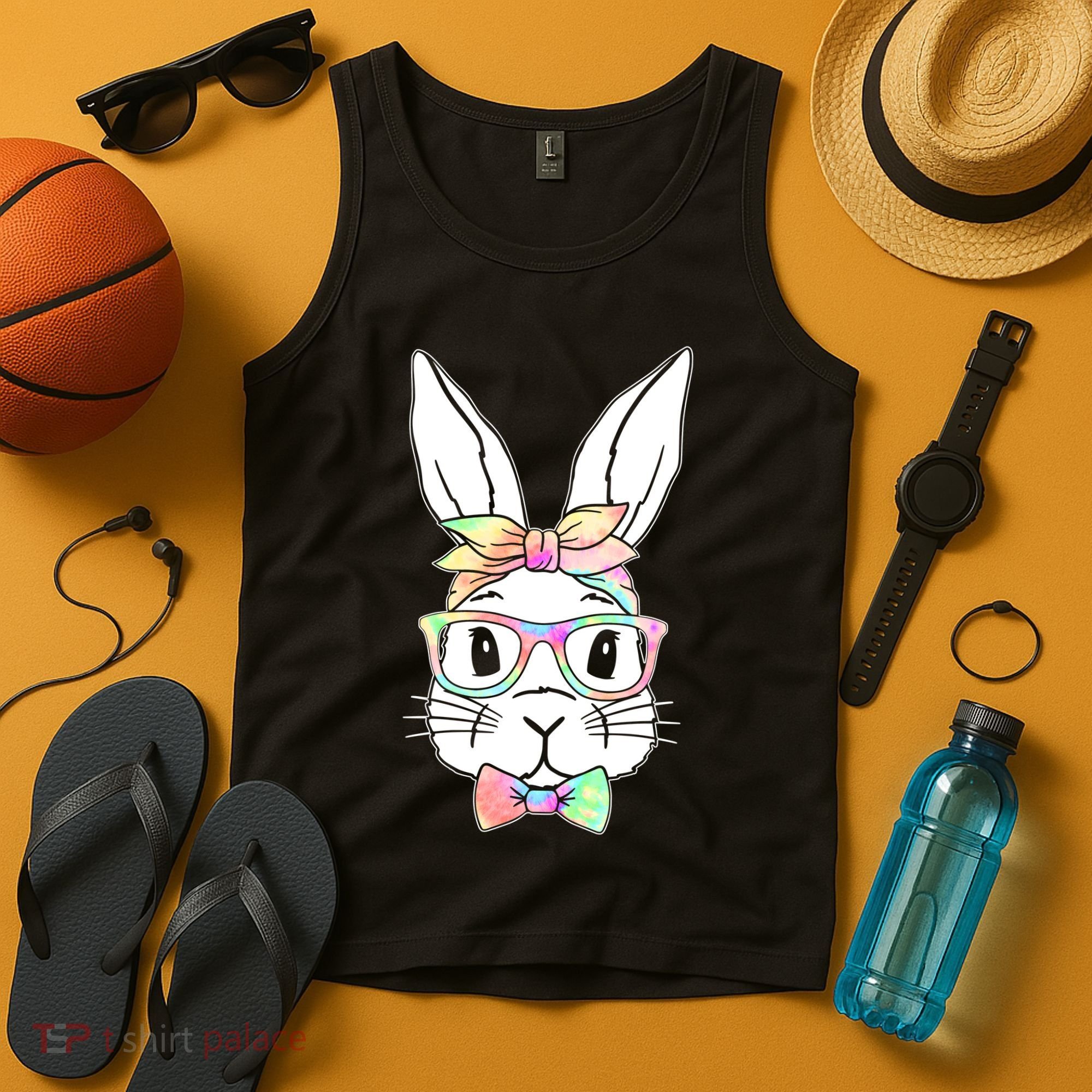 Cute Easter Bunny Pastel Tie Dye Bow Tie Glasses Tank Top