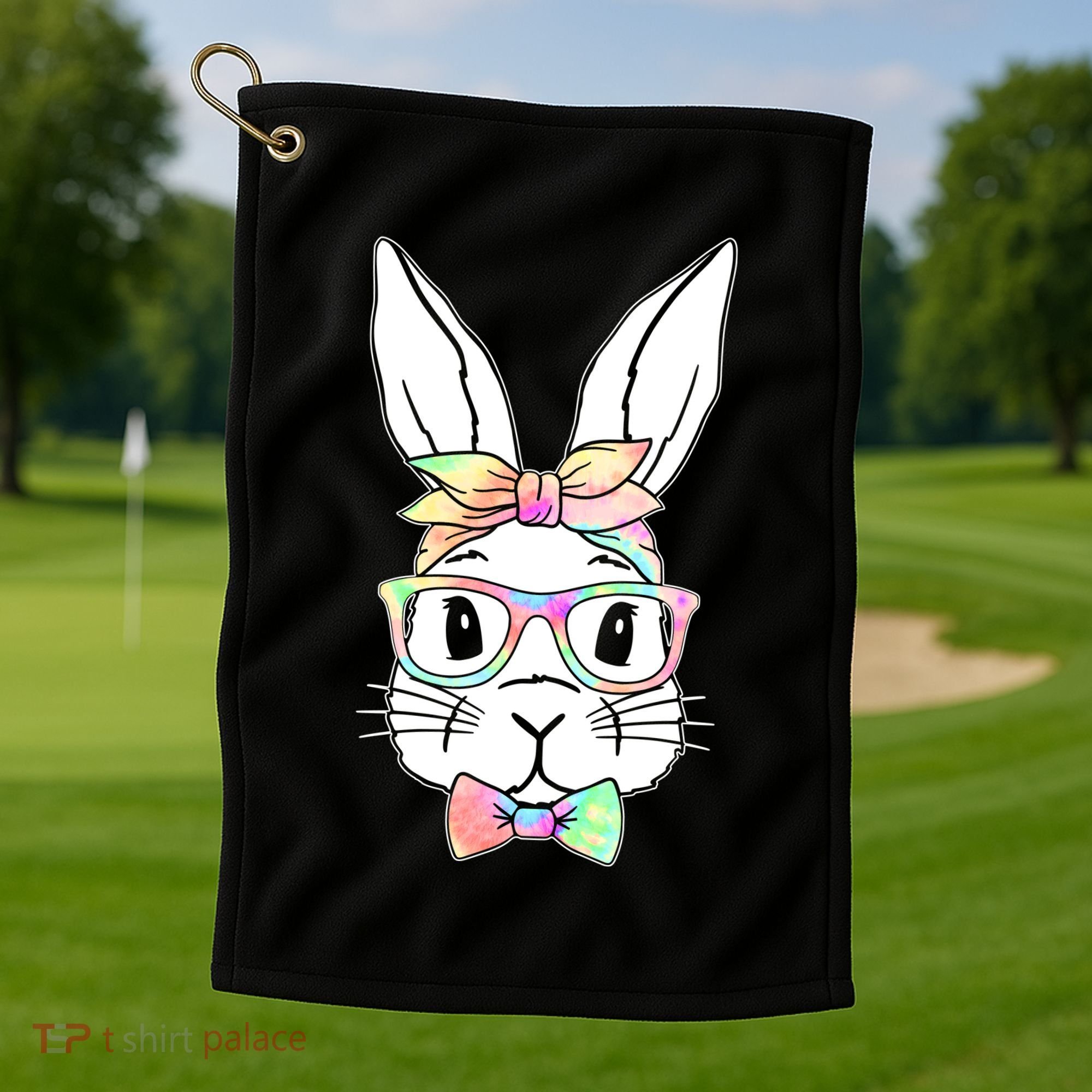 Cute Easter Bunny Pastel Tie Dye Bow Tie Glasses Golf Towel