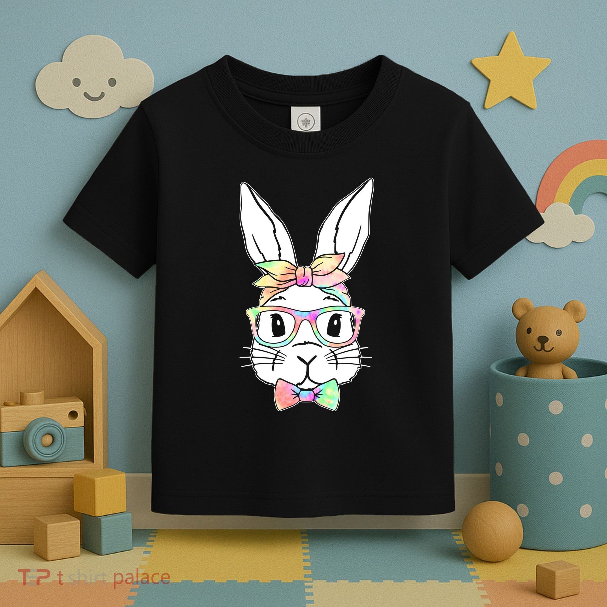 Cute Easter Bunny Pastel Tie Dye Bow Tie Glasses Toddler T-Shirt