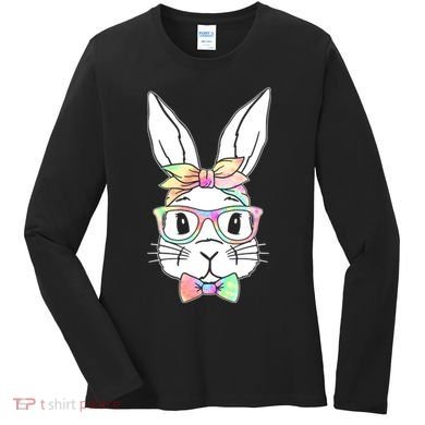 Cute Easter Bunny Pastel Tie Dye Bow Tie Glasses Women's Long Sleeve Shirt
