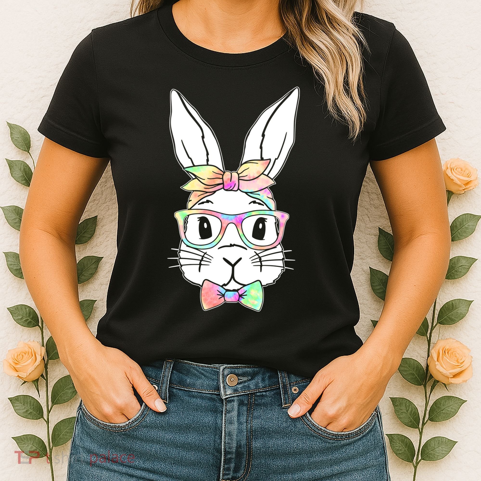 Cute Easter Bunny Pastel Tie Dye Bow Tie Glasses Women's T-Shirt