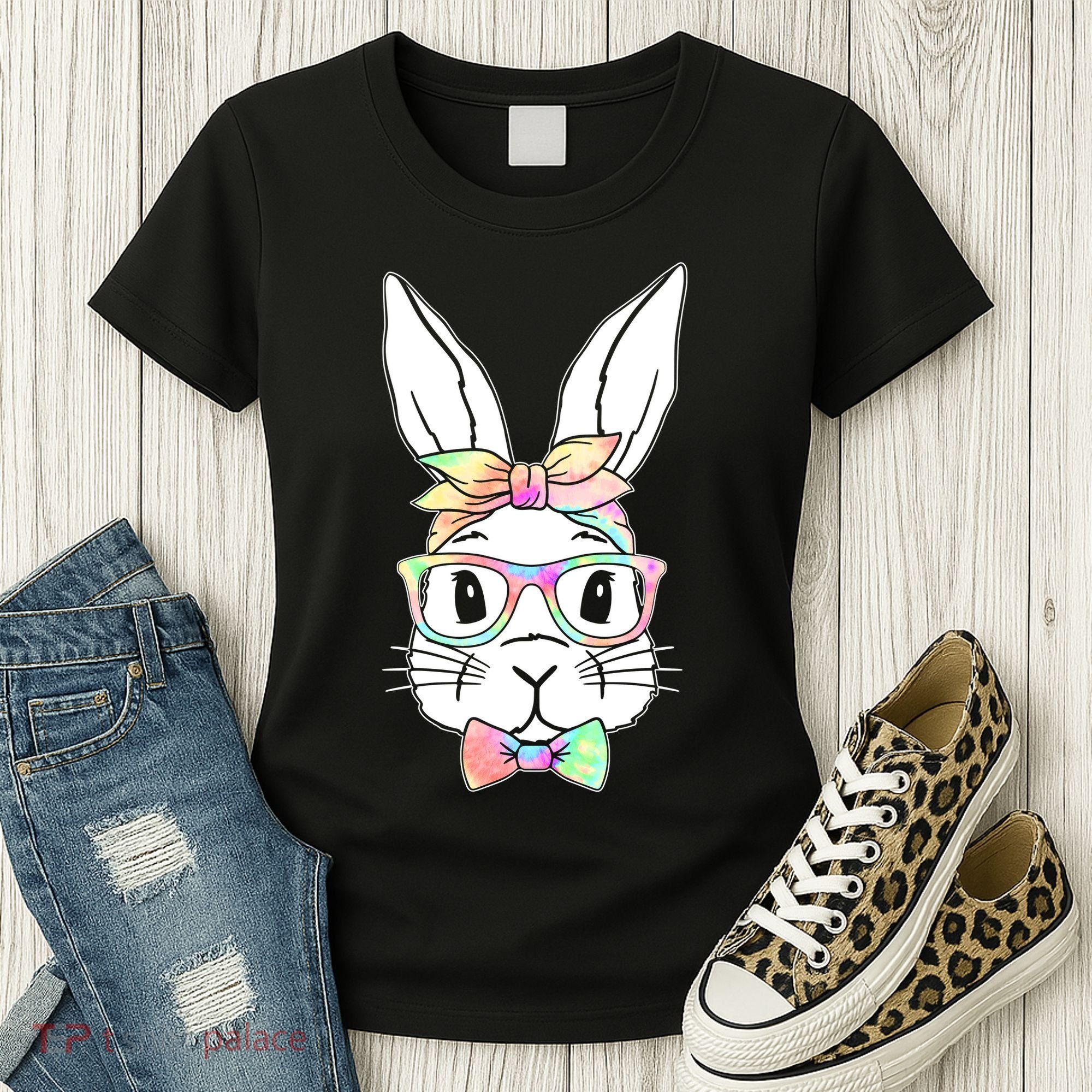Cute Easter Bunny Pastel Tie Dye Bow Tie Glasses Women's T-Shirt