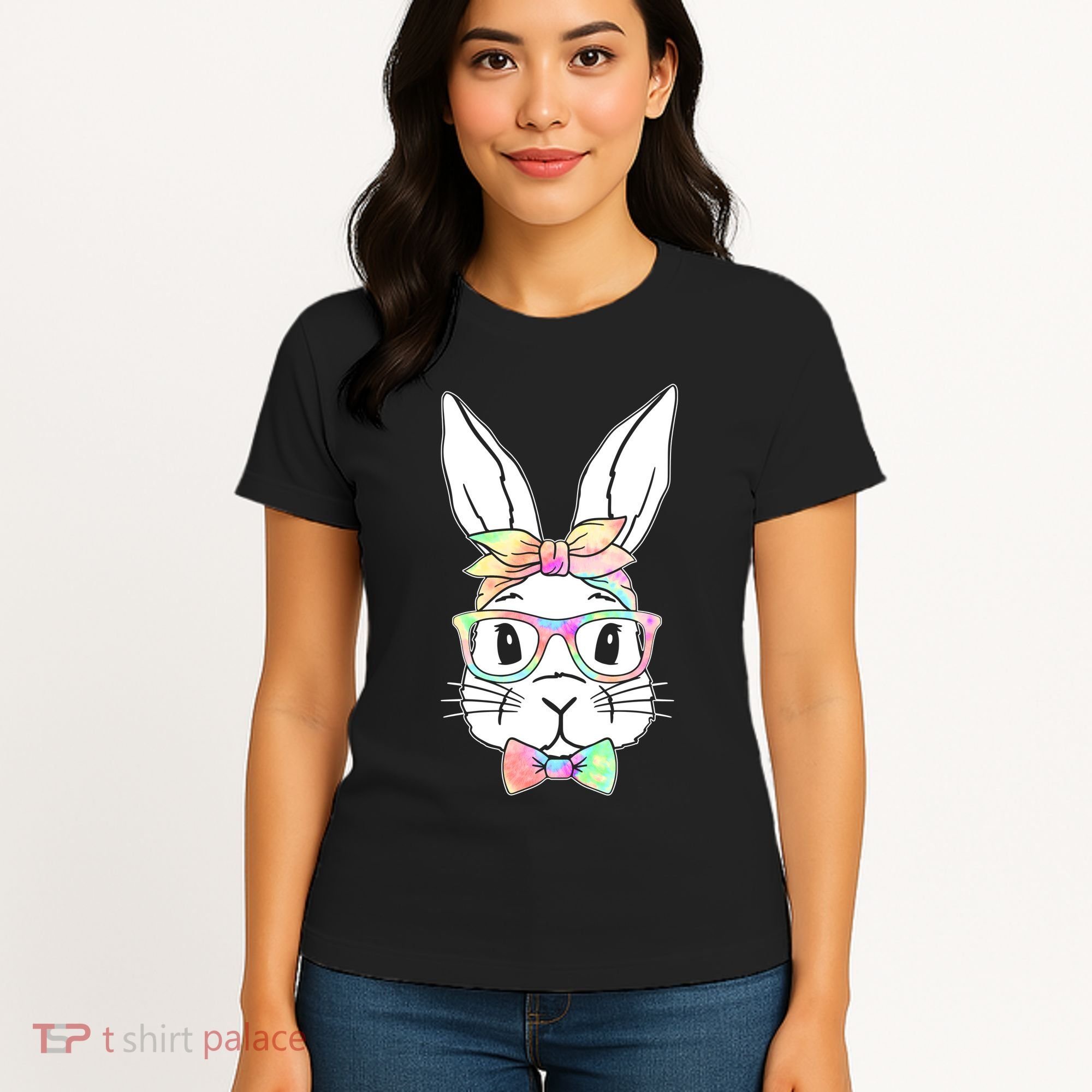 Cute Easter Bunny Pastel Tie Dye Bow Tie Glasses Women's T-Shirt