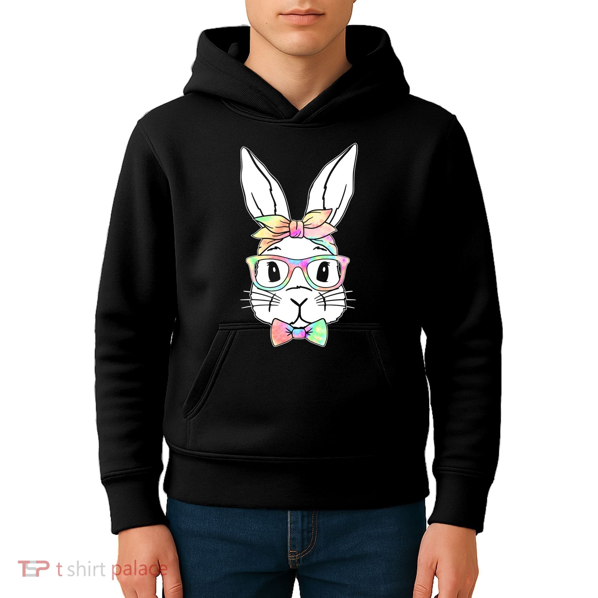 Cute Easter Bunny Pastel Tie Dye Bow Tie Glasses Kids Hoodie
