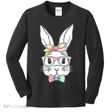 Cute Easter Bunny Pastel Tie Dye Bow Tie Glasses Kids Long Sleeve Shirt