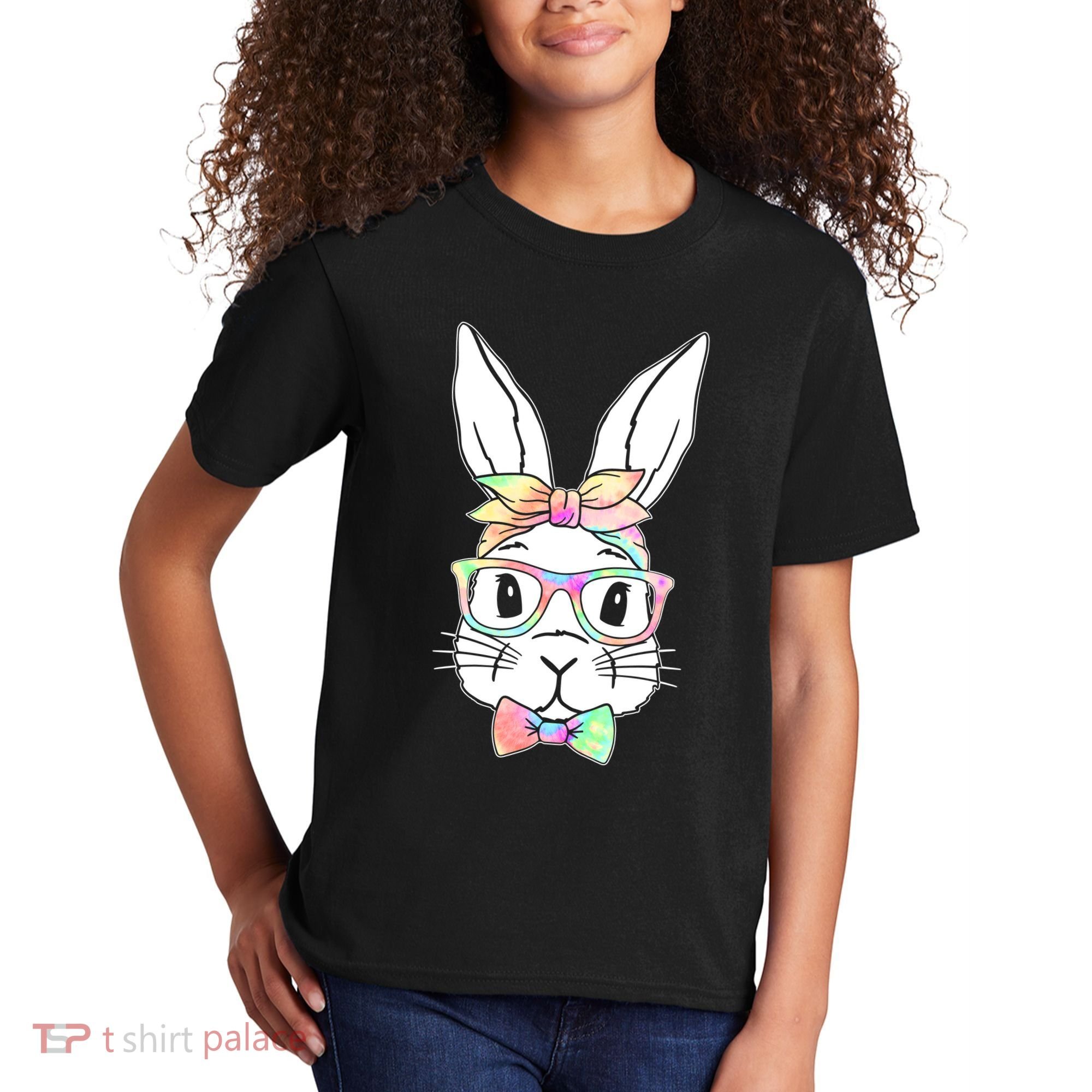 Cute Easter Bunny Pastel Tie Dye Bow Tie Glasses Kids T-Shirt