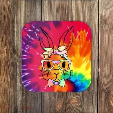 Cute Easter Bunny Pastel Tie Dye Bow Tie Glasses Coaster