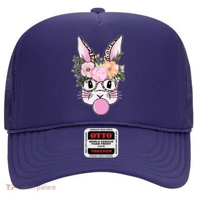 Cute Easter Bunny With Flower Crown And Bubblegum Hat