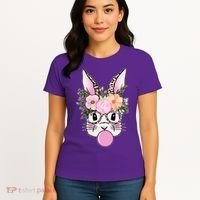 Cute Easter Bunny With Flower Crown And Bubblegum Women's T-Shirt thumb 4