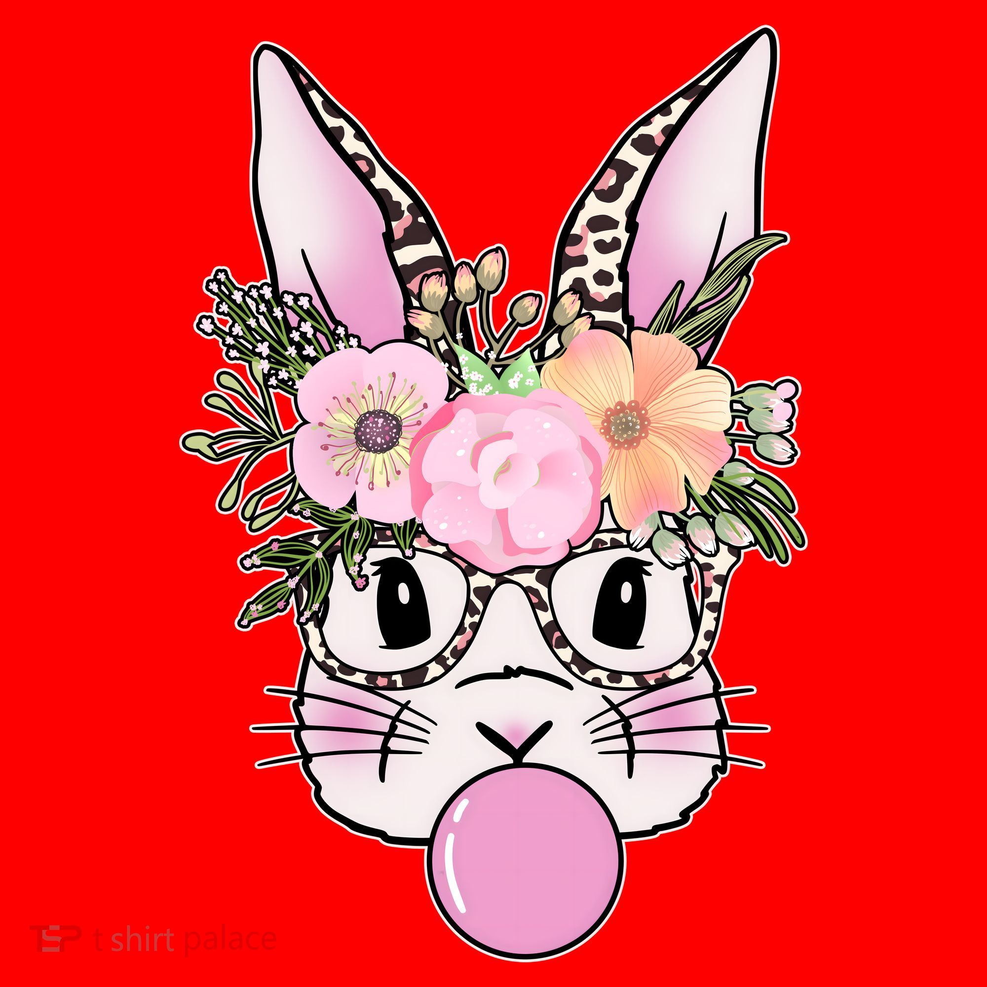 Cute Easter Bunny With Flower Crown And Bubblegum Santa Hat